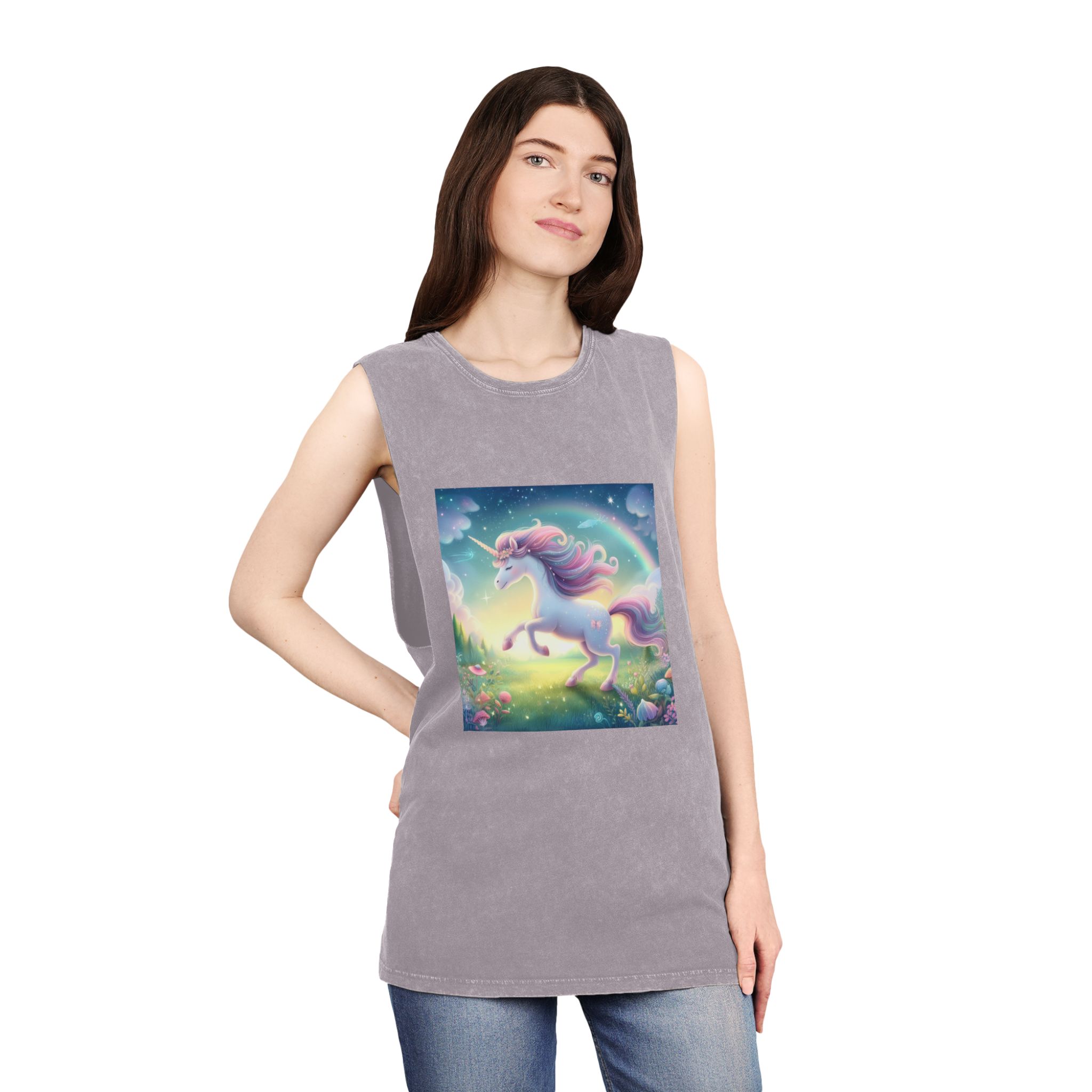 Beautiful Unicorn Running Magical Meadow Unicorn Background Images Whimsical Unicorn (21) Unisex Stonewash Tank Top - Image 20