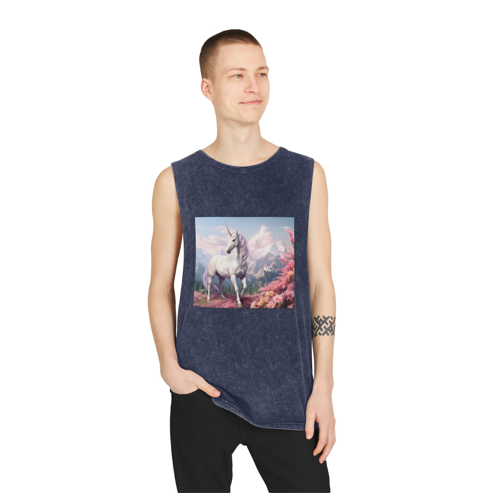 Unicorn Standing Field Flowers With Mountains Background Generative Ai Unisex Stonewash Tank Top - Image 15