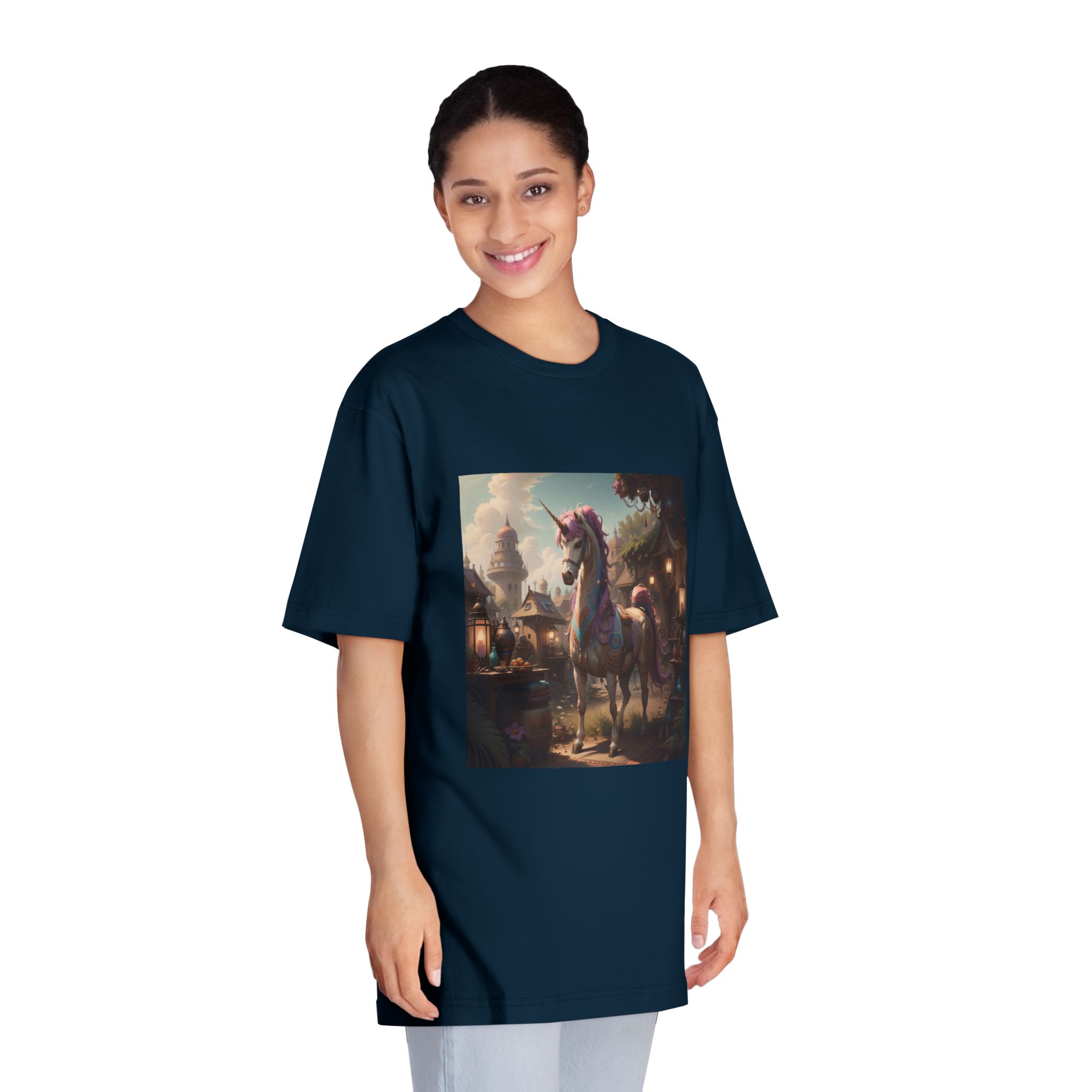 Unicorn With Purple Mane Stands Front Small Town With Lamp Post Unisex Classic Crewneck T Shirt - Image 19