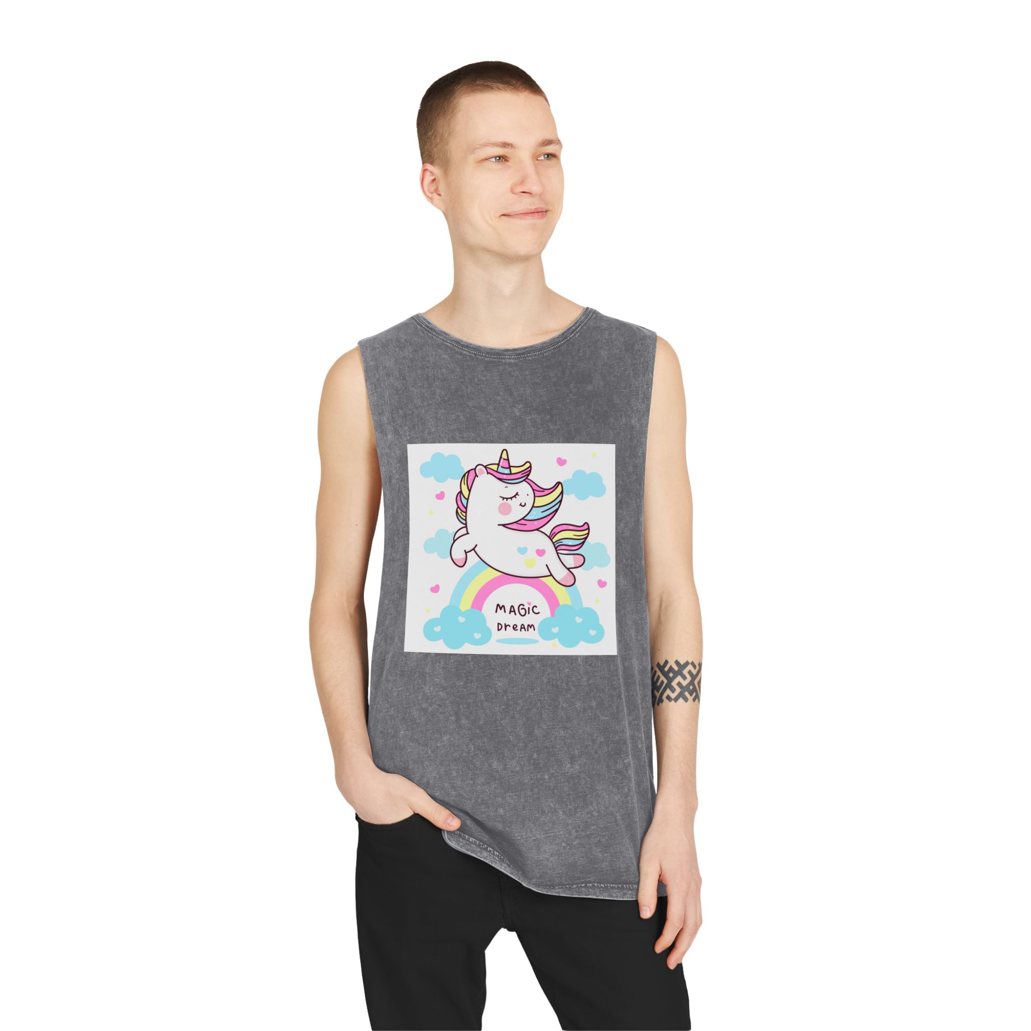 Cute Unicorn Pegasus Vector Fly On Sky With Rainbow Sweet Heart and Cloud Pony Cartoon Pastel Background Valentines Day Unisex Stonewash Tank Top - Image 11