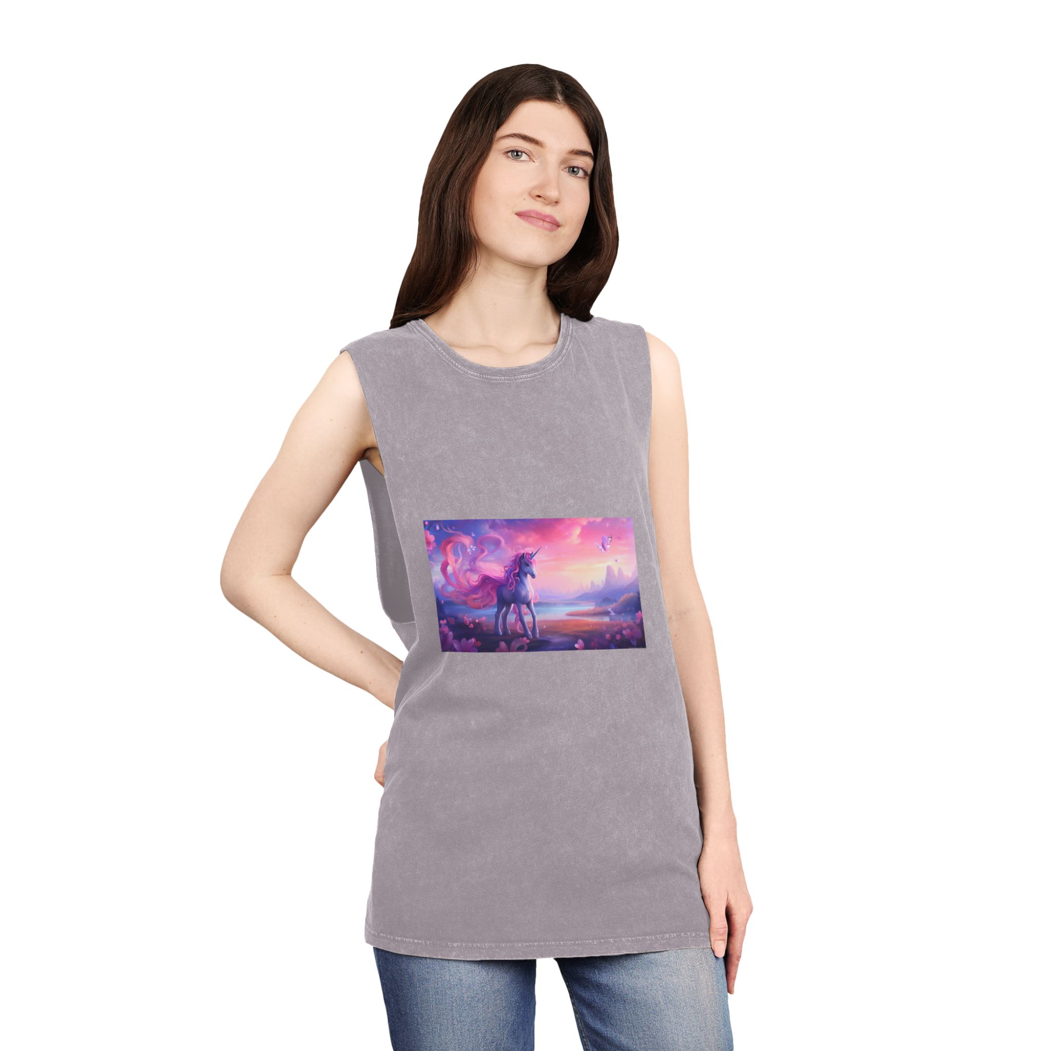 Unicorn Standing Field Flowers With Butterflies Flying Around Generative Ai Unisex Stonewash Tank Top - Image 20