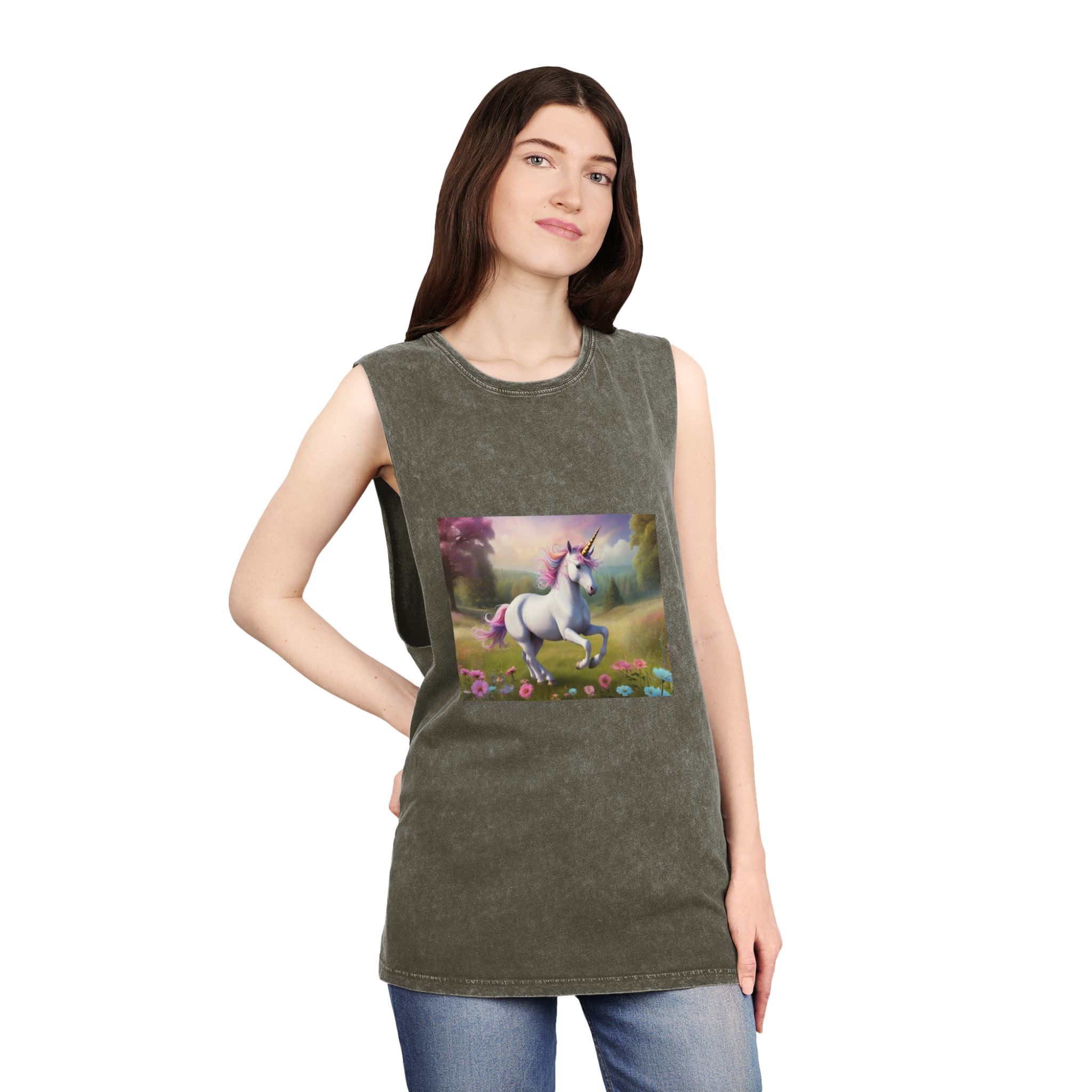 Beautiful Unicorn Running Magical Meadow Unicorn Background Images Whimsical Unicorn (85) Unisex Stonewash Tank Top - Image 8