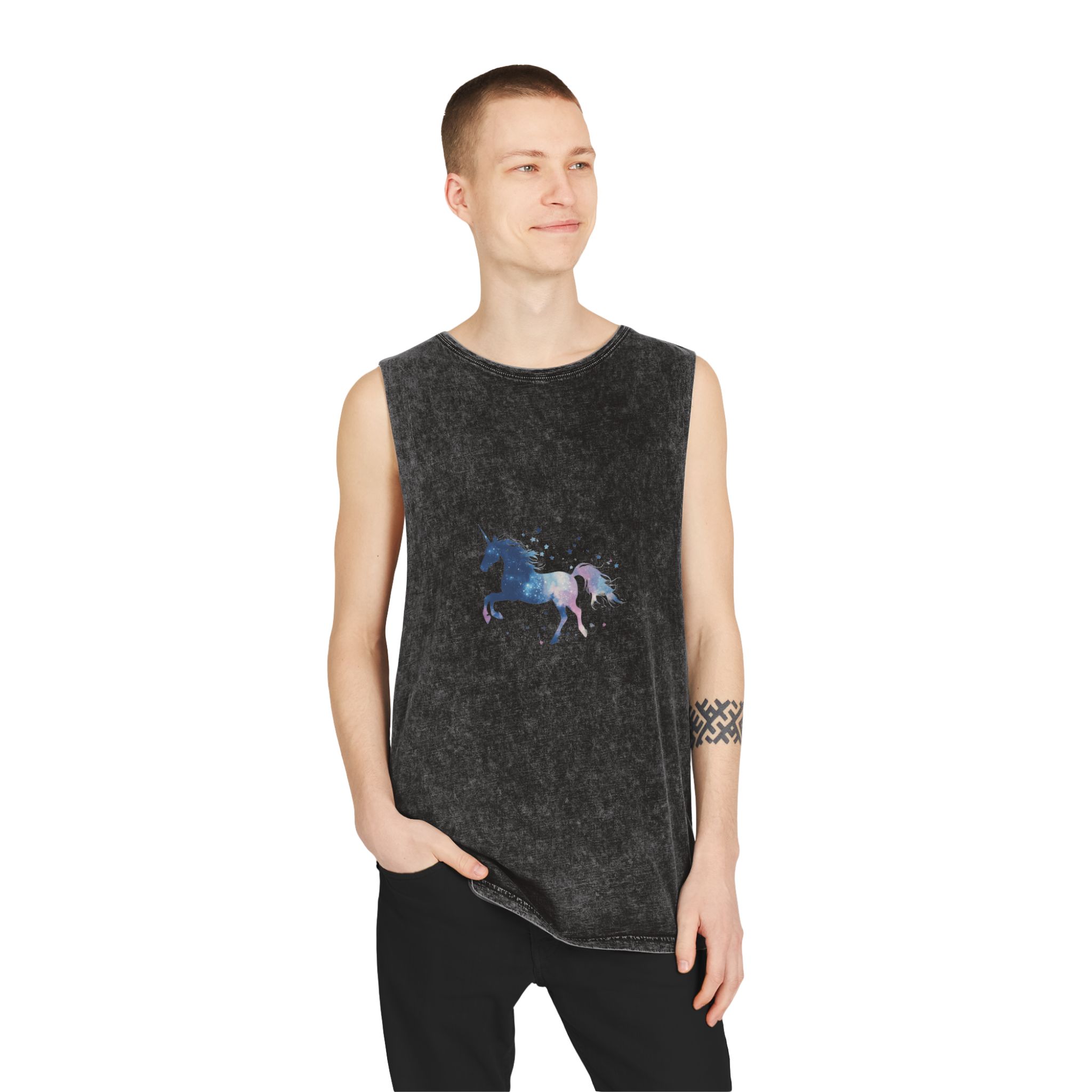 Celestial Unicorn Watercolor Painting Unisex Stonewash Tank Top - Image 3