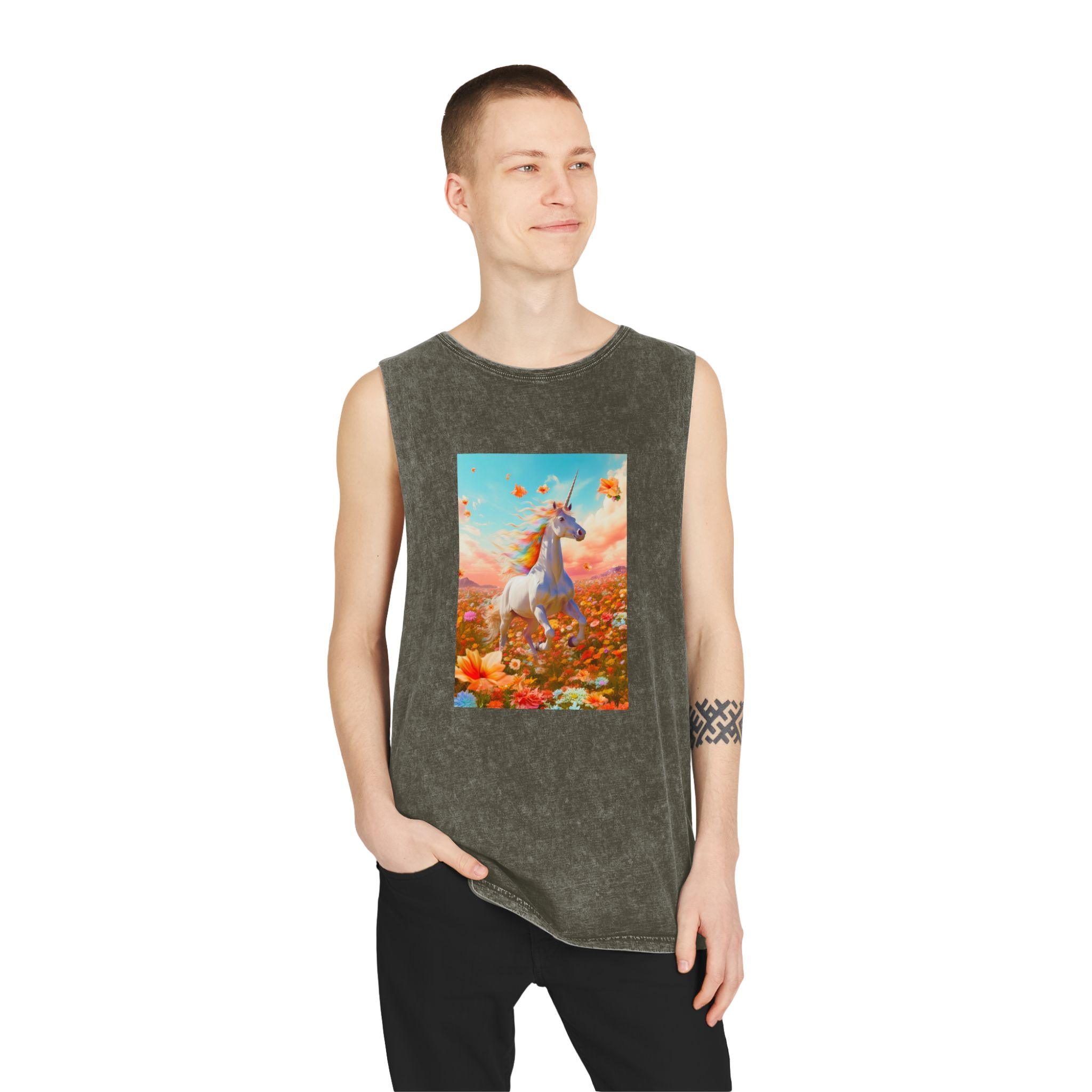 Image White Unicorn Running Through Field Wildflowers Generative Ai Unisex Stonewash Tank Top - Image 7