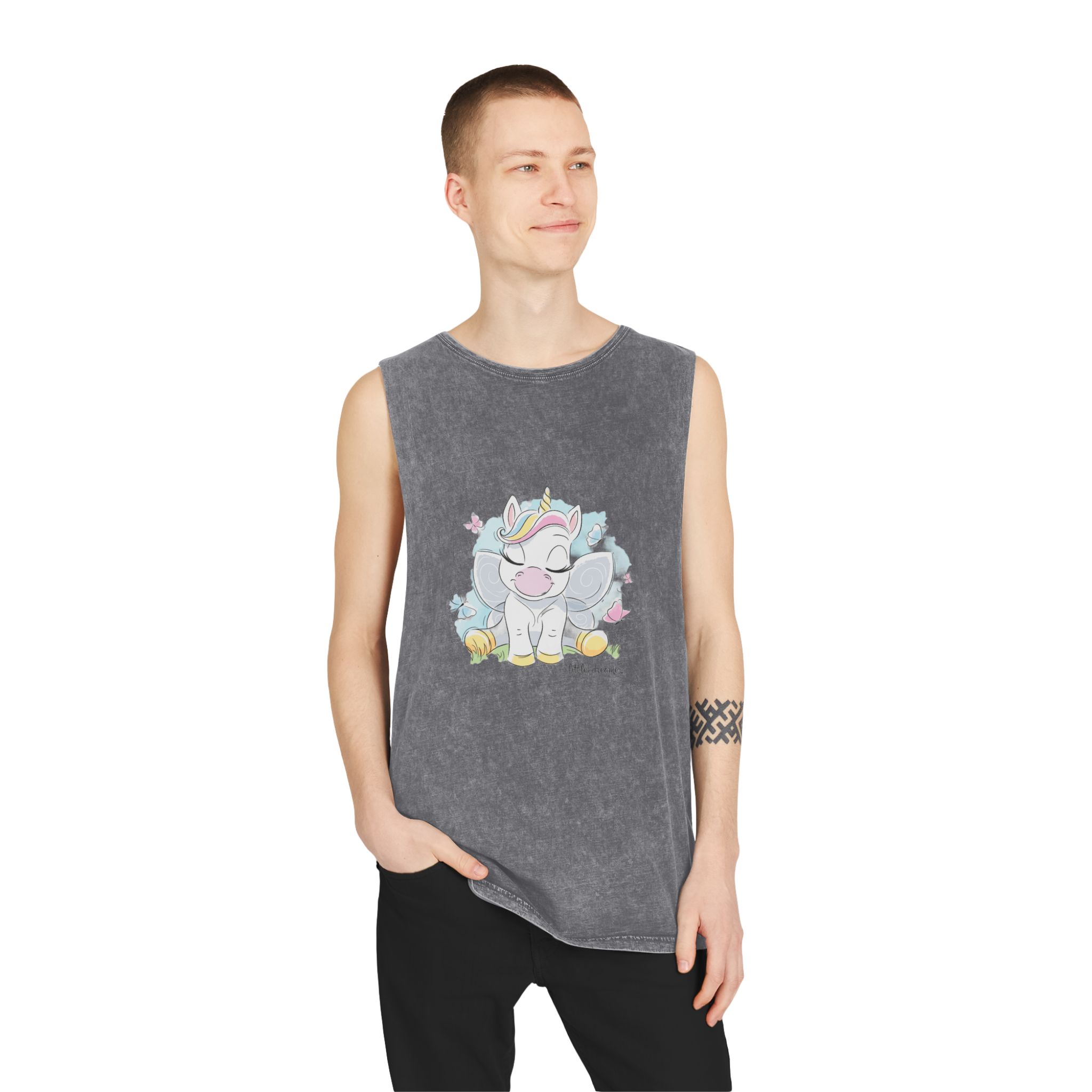 Cute Unicorn Fashion Illustration Drawing In Modern Style For Clothes Little Dreamer Text Unisex Stonewash Tank Top - Image 11