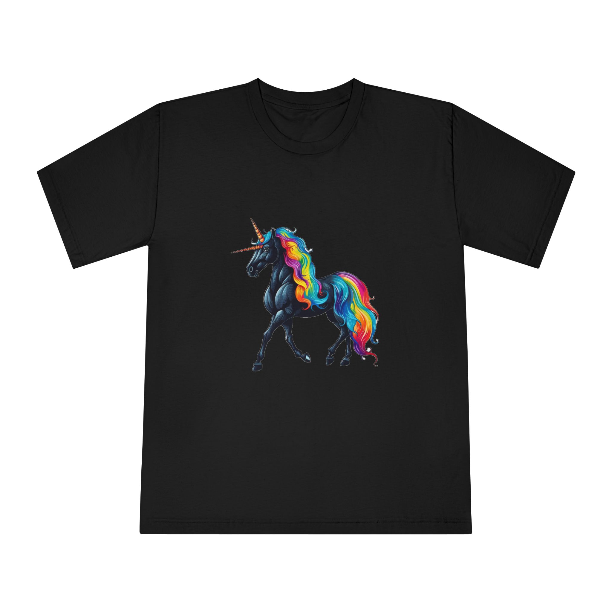 Black Unicorn With Rainbow Mane Horn Generative Ai Unisex Classic Crewneck T Shirt - Image 5