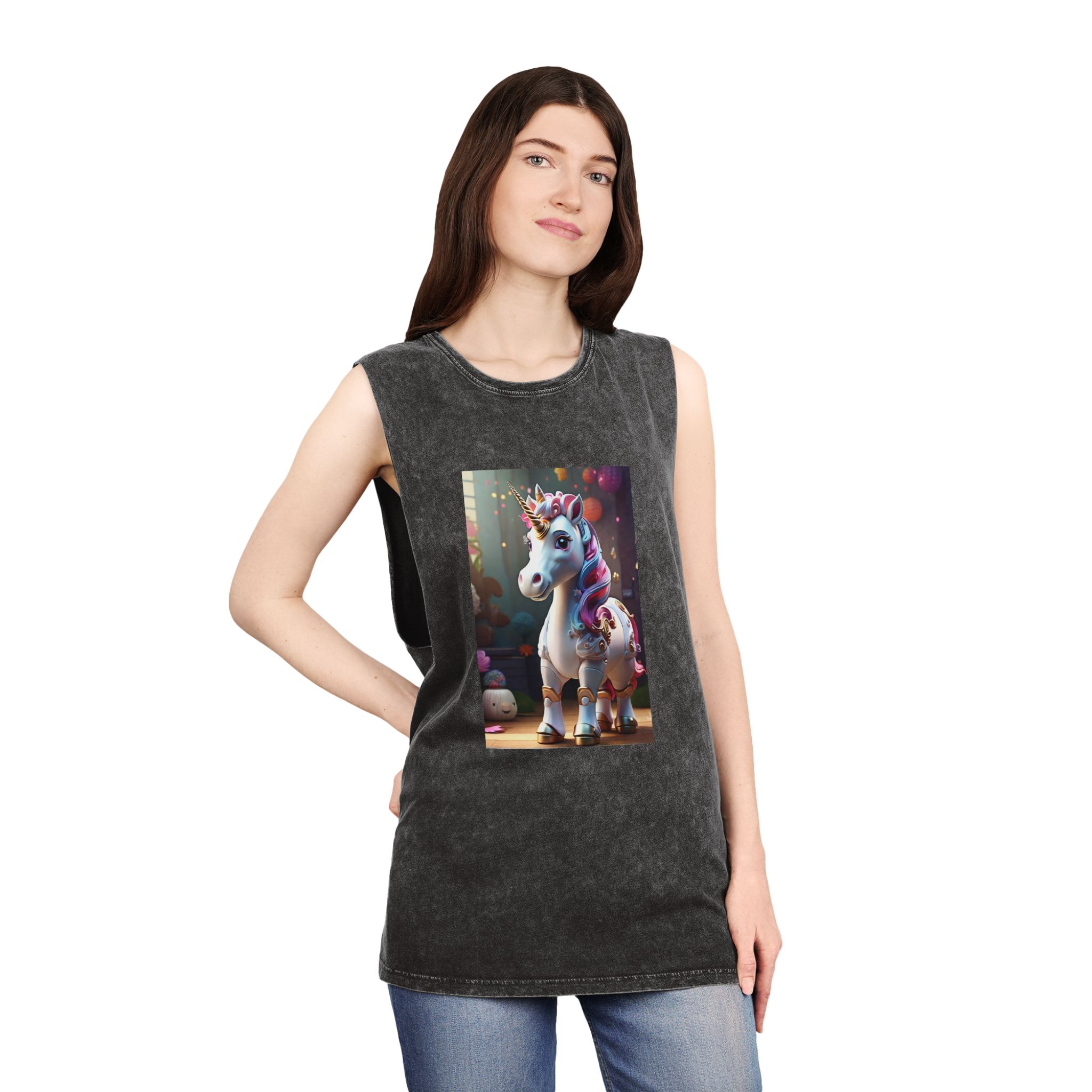Animated Unicorn Children Generated By Ai (18) Unisex Stonewash Tank Top - Image 4