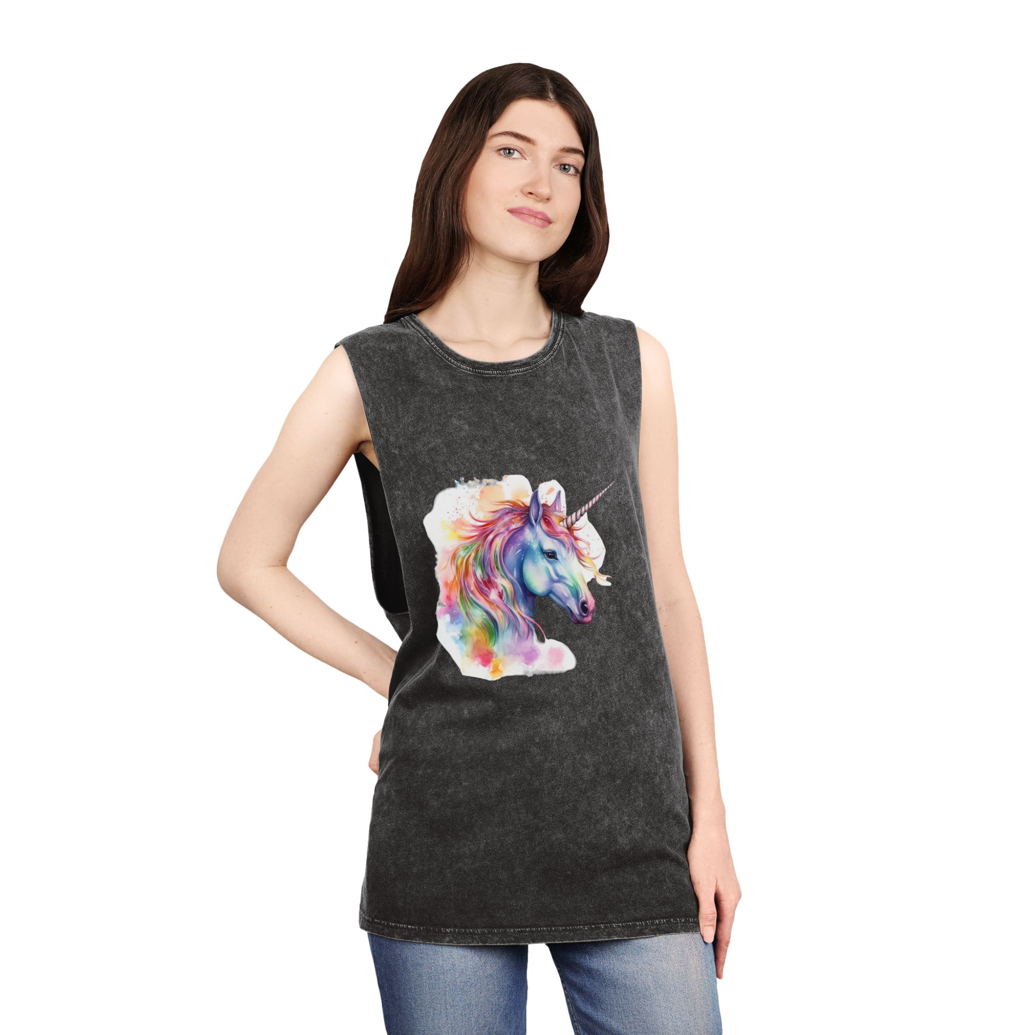 Coloful Unicorn Unisex Stonewash Tank Top - Image 4