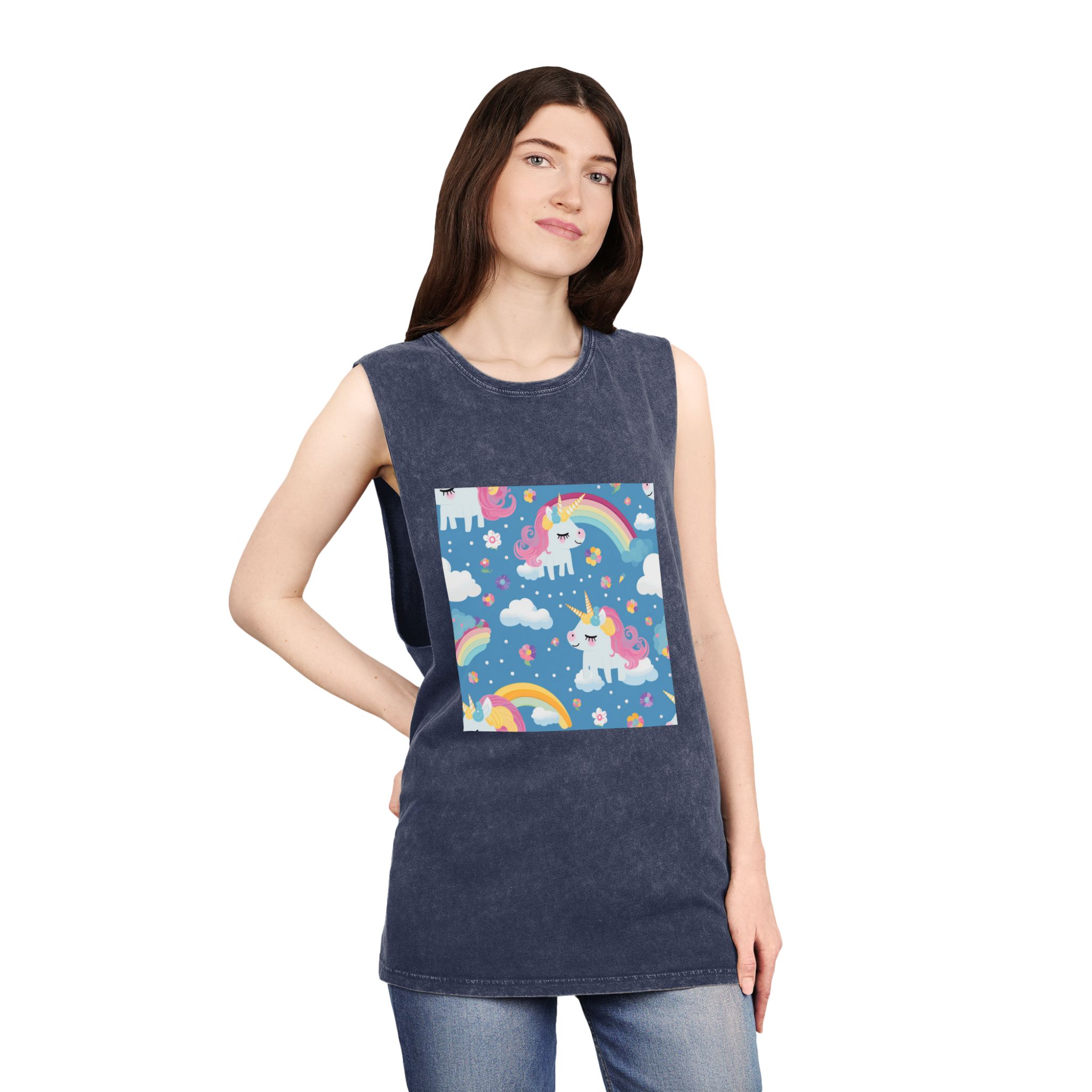 Playful Unicorns Flowers Clouds Rainbows Ice Creams Pastel Background (17) Unisex Stonewash Tank Top - Image 16