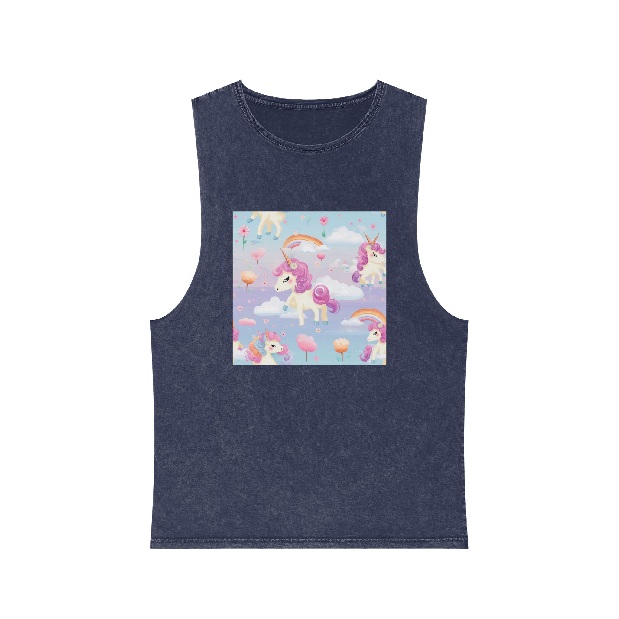 Playful Unicorns Flowers Clouds Rainbows Ice Creams Pastel Background (5) Unisex Stonewash Tank Top - Image 13