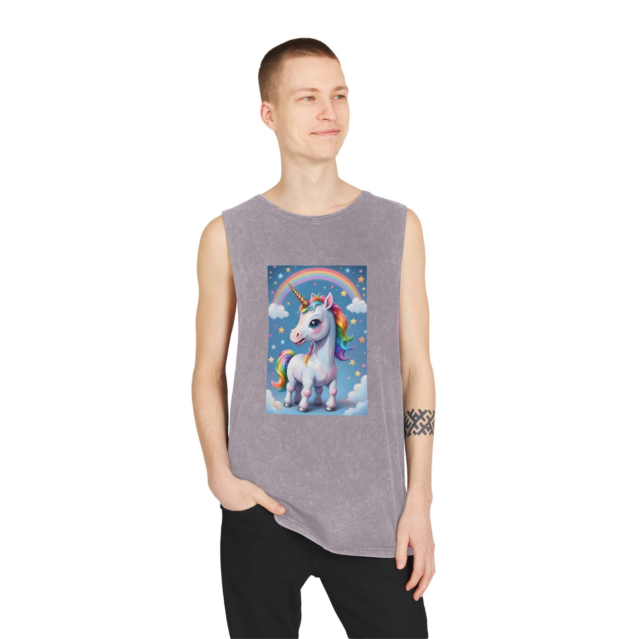 Happy Unicorn Background Sky Rainbow Copy Unisex Stonewash Tank Top - Image 19