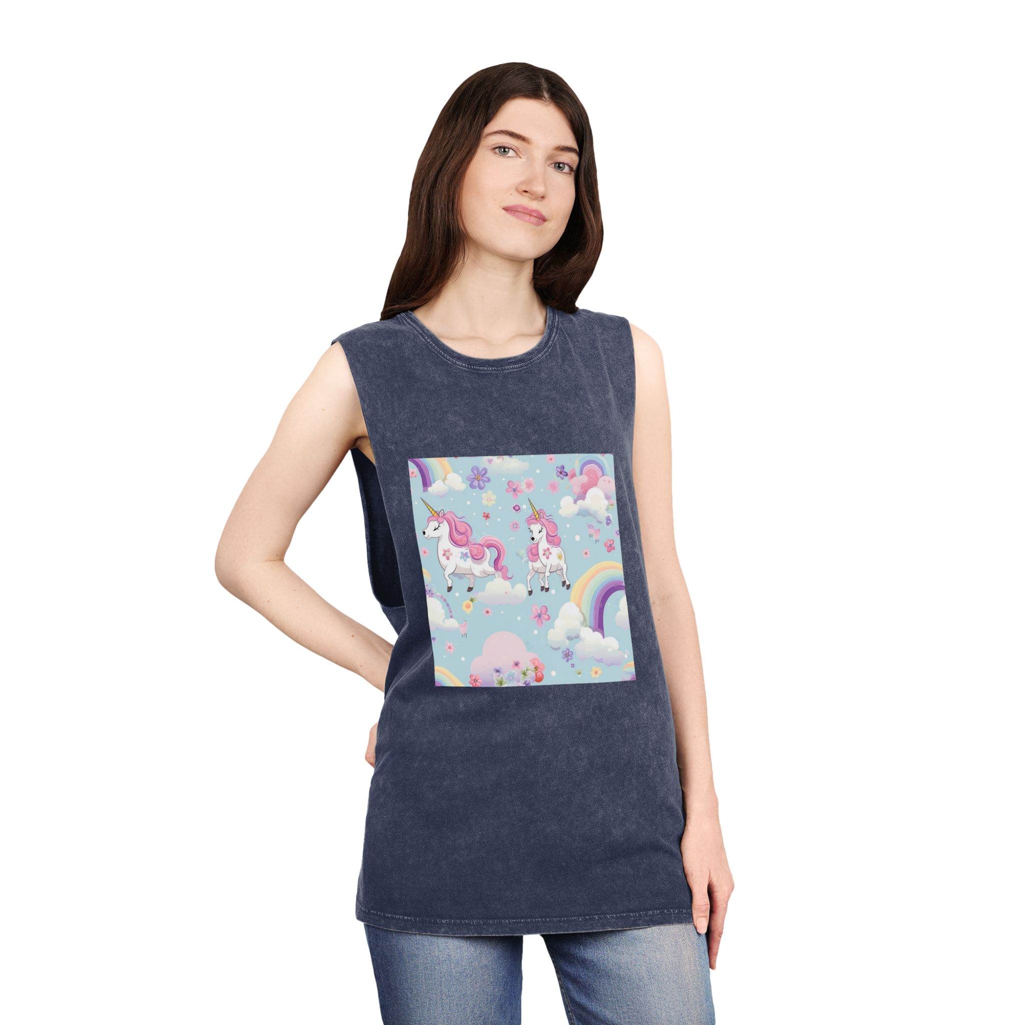 Playful Unicorns Among Flowers Clouds Rainbows Ice Creams Pastel Background Unisex Stonewash Tank Top - Image 16