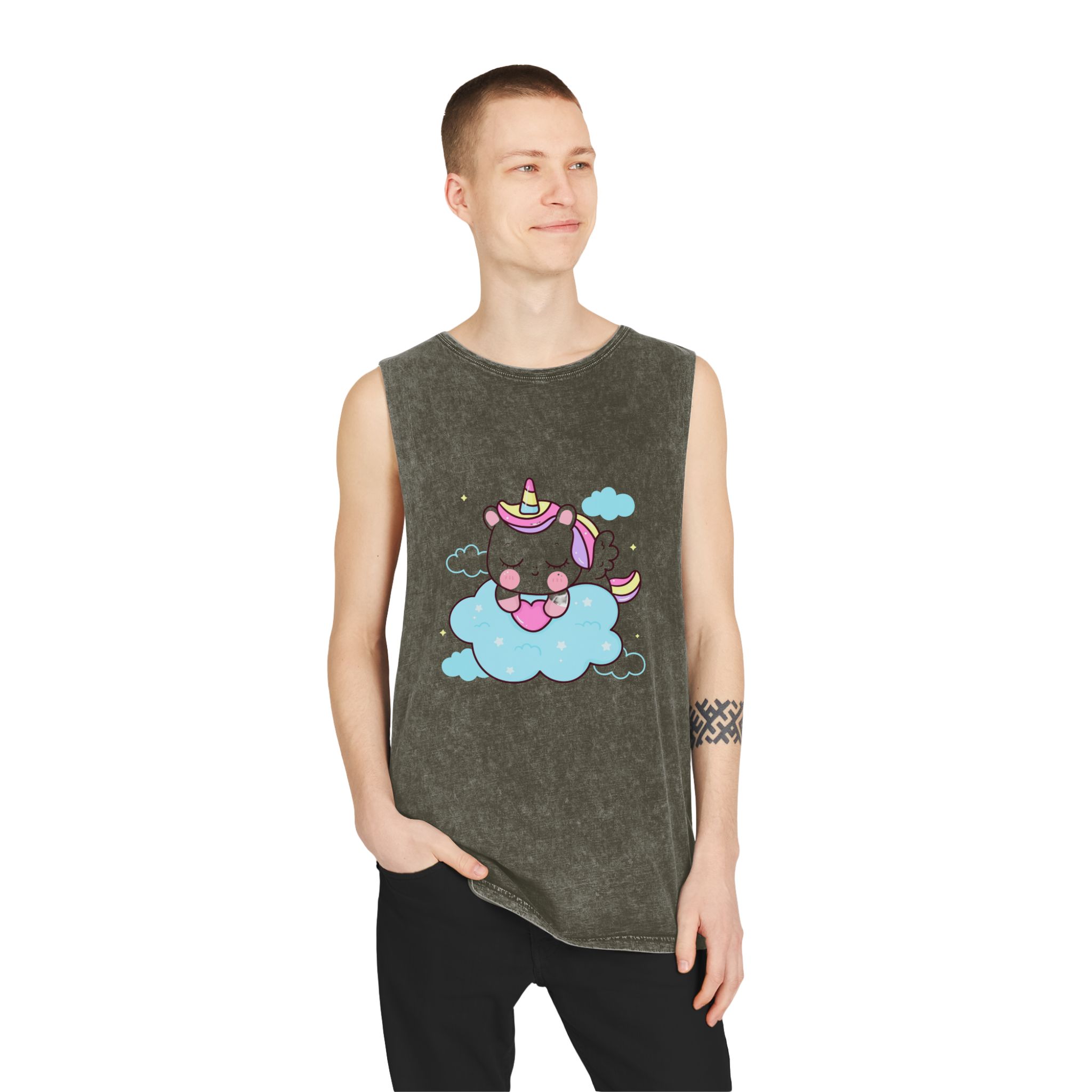 Cute Unicorn Pegasus Cartoon Sleep Holding Heart Cloud Kawaii Animal Unisex Stonewash Tank Top - Image 7
