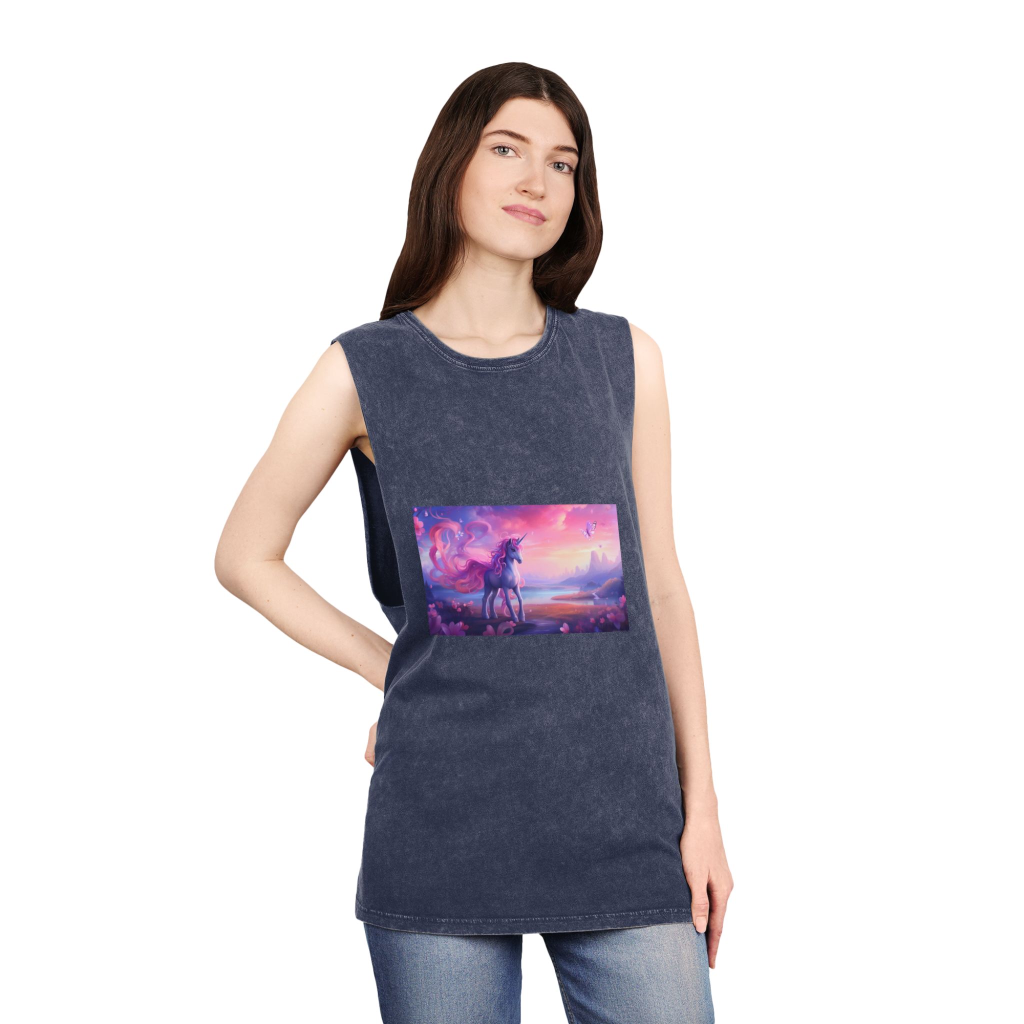 Unicorn Standing Field Flowers With Butterflies Flying Around Generative Ai Unisex Stonewash Tank Top - Image 16