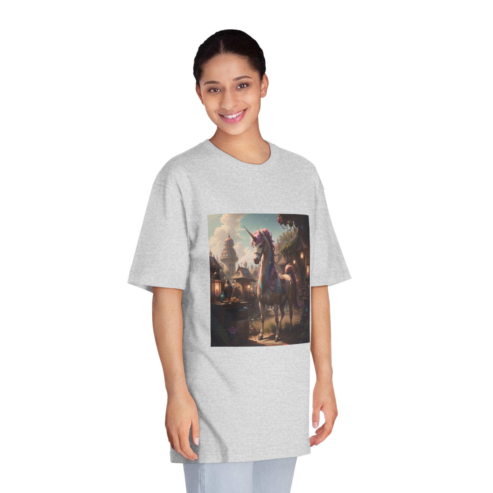 Unicorn With Purple Mane Stands Front Small Town With Lamp Post Unisex Classic Crewneck T Shirt - Image 15