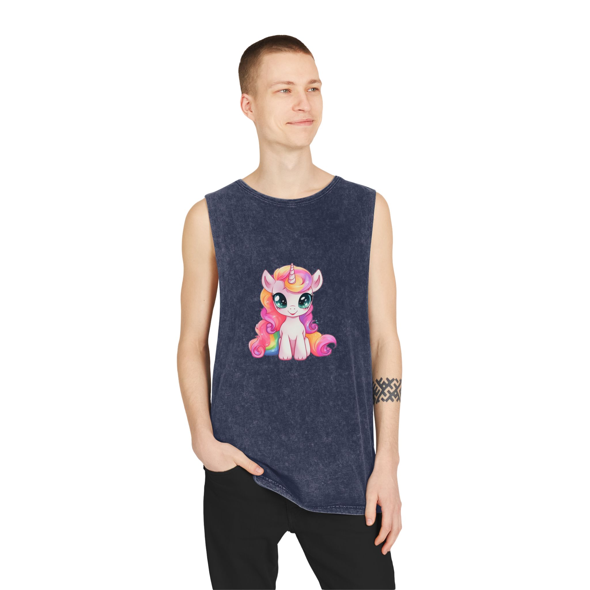 Cartoon Unicorn With Pink Hair Rainbow Mane Sitting Ground Generative Ai Unisex Stonewash Tank Top - Image 15