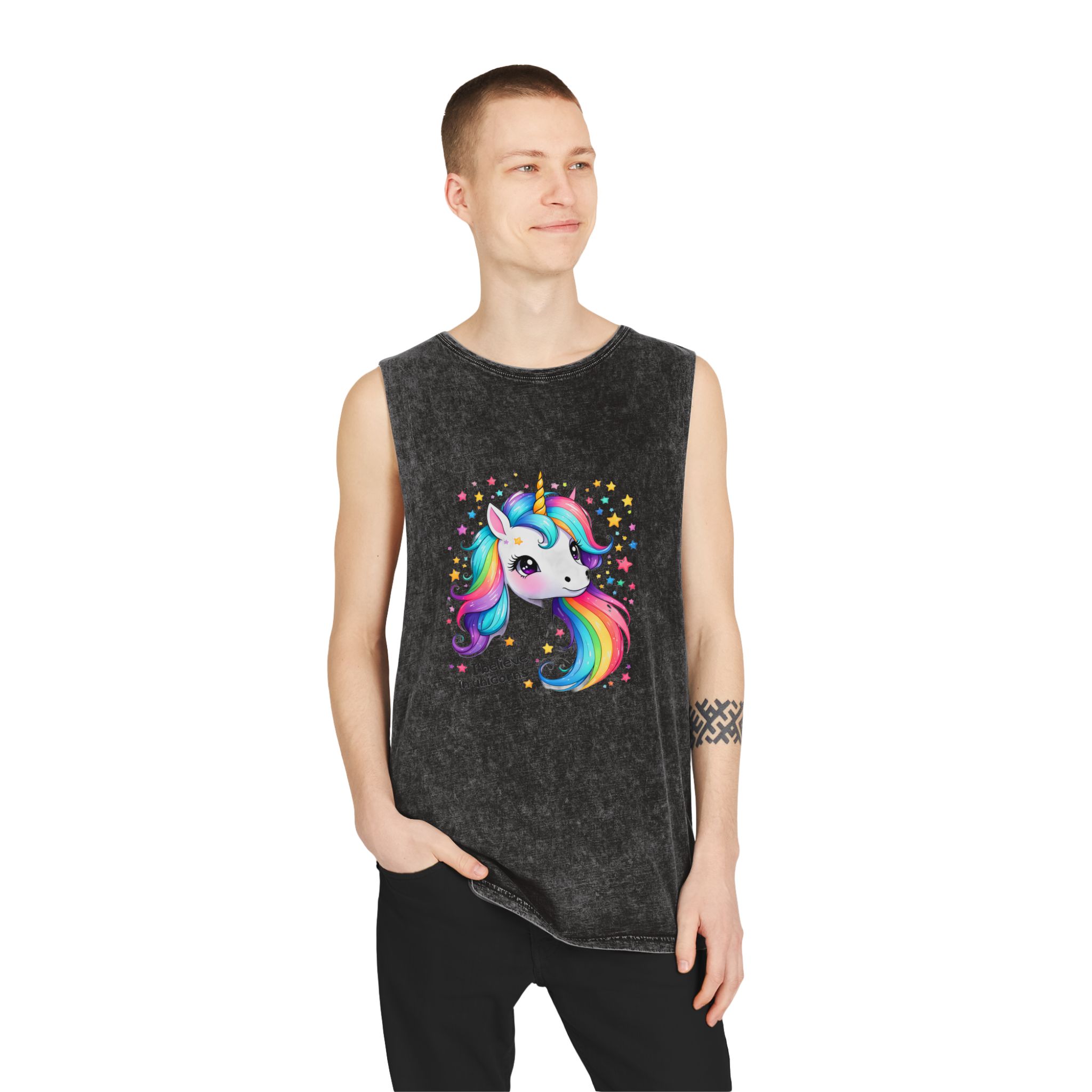 I Belive In Unicorns Unisex Stonewash Tank Top - Image 3
