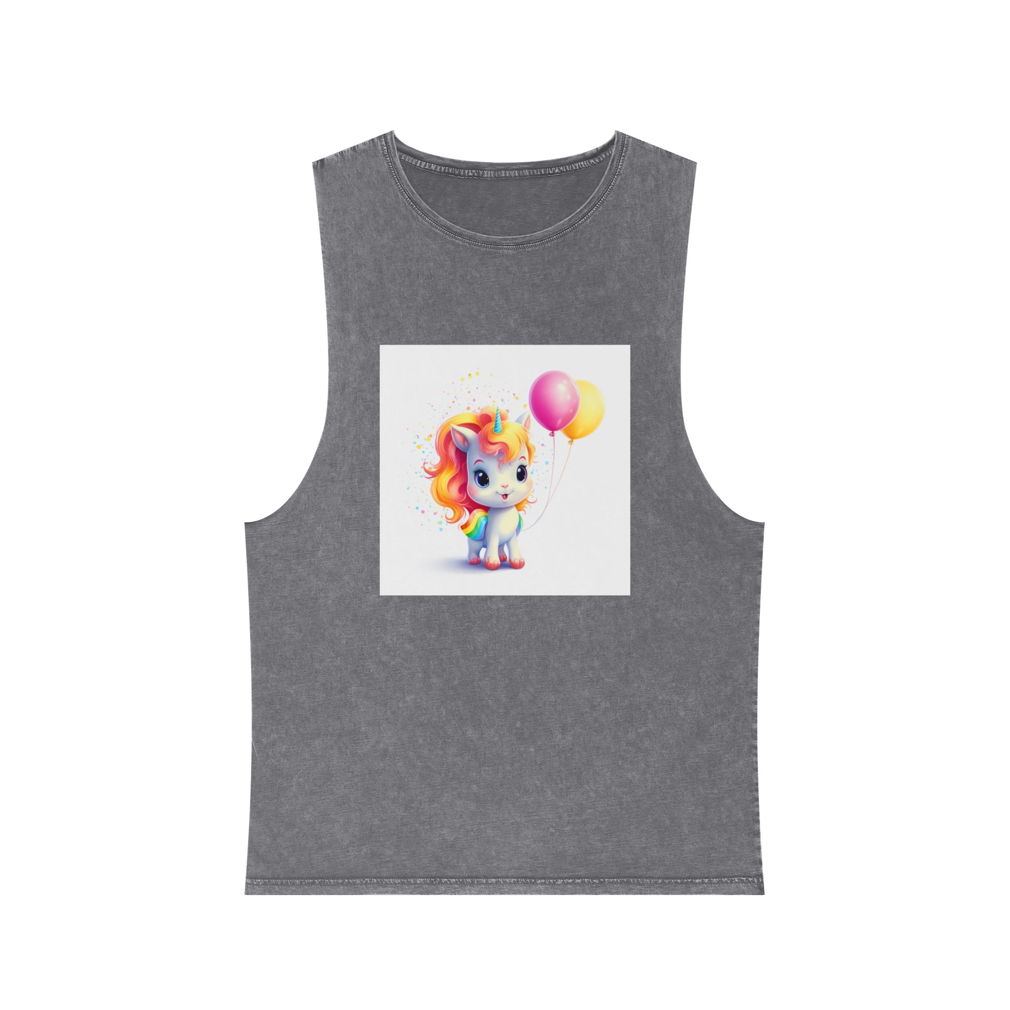 Cartoon Unicorn With Rainbow Mane Balloon Generative Ai (1) Unisex Stonewash Tank Top - Image 9