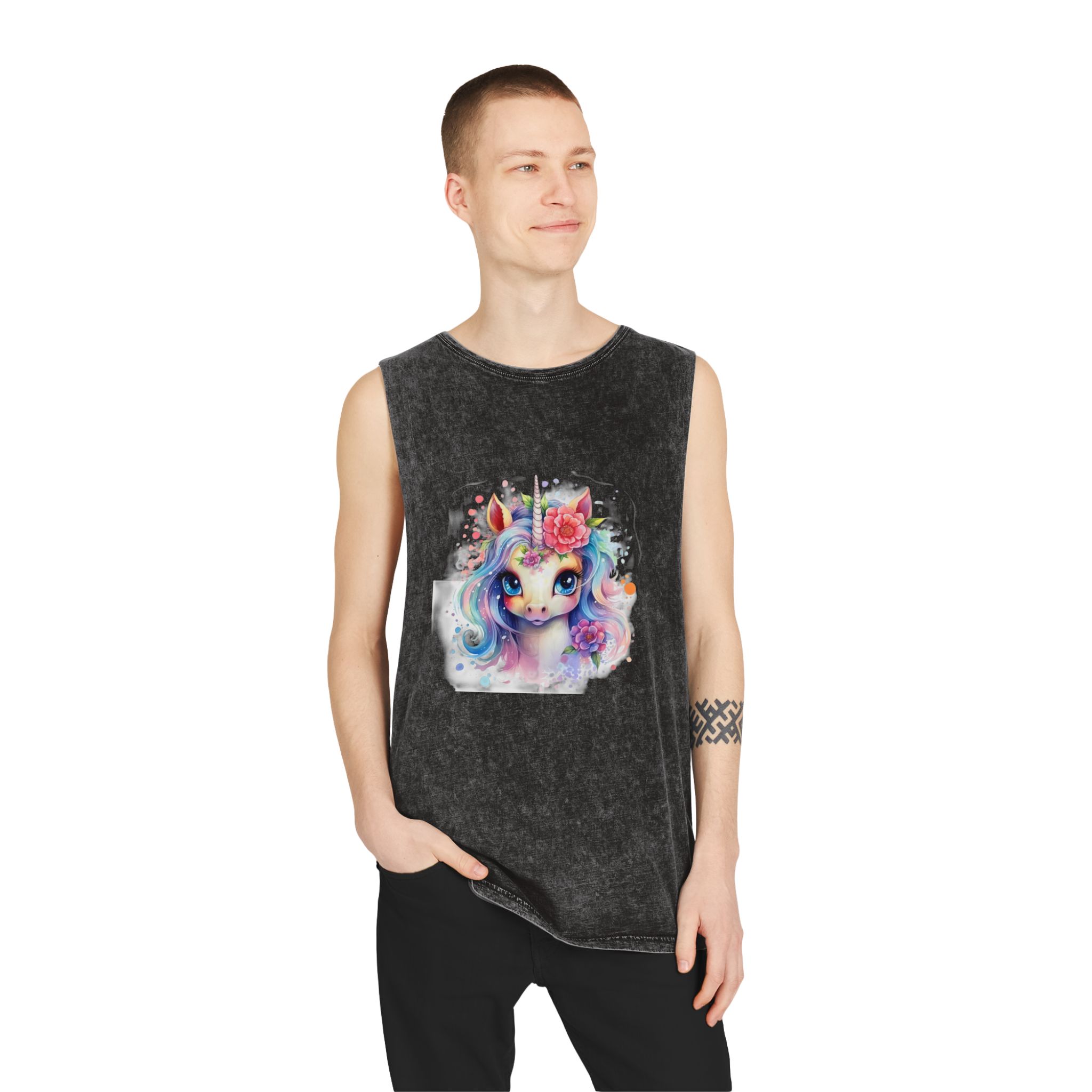 Cute Colorful Magic Unicorn With Flowers Watercolor Style (8) Copia Unisex Stonewash Tank Top - Image 3