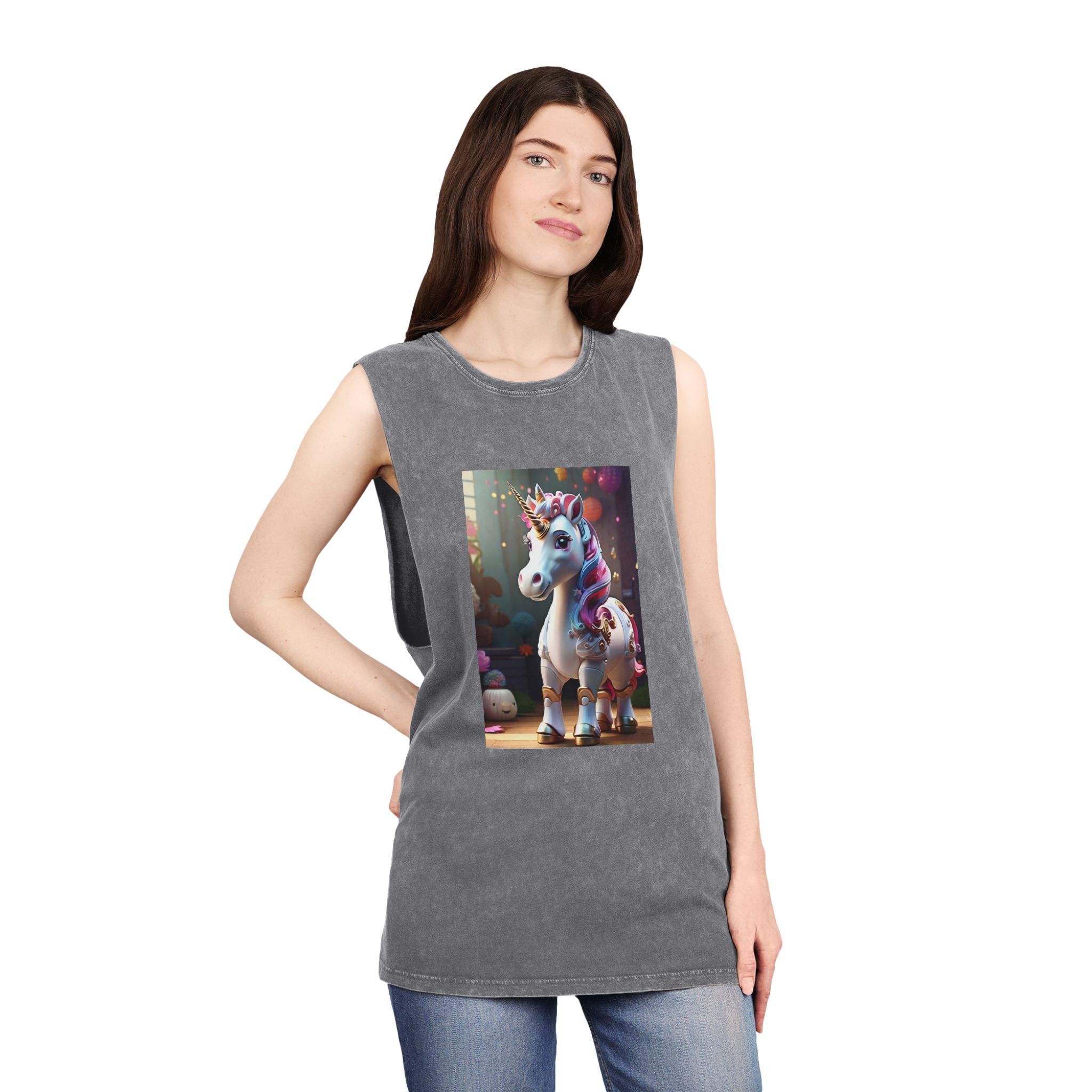 Animated Unicorn Children Generated By Ai (18) Unisex Stonewash Tank Top - Image 12