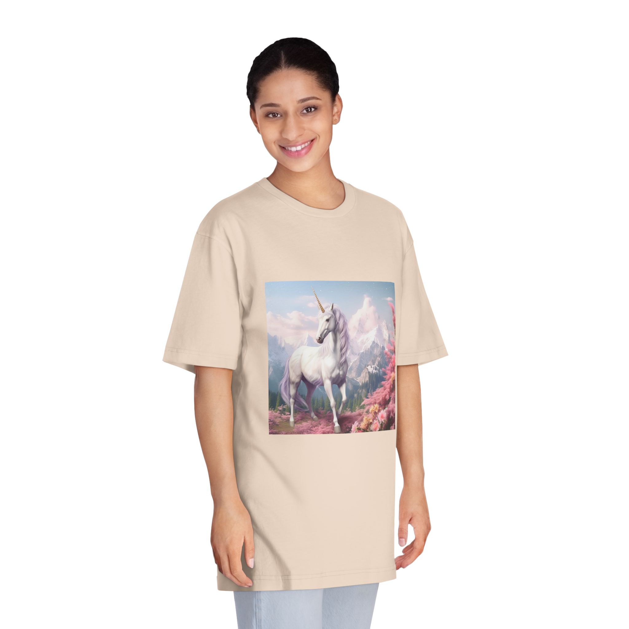 Unicorn Standing Field Flowers With Mountains Background Generative Ai Unisex Classic Crewneck T Shirt - Image 11