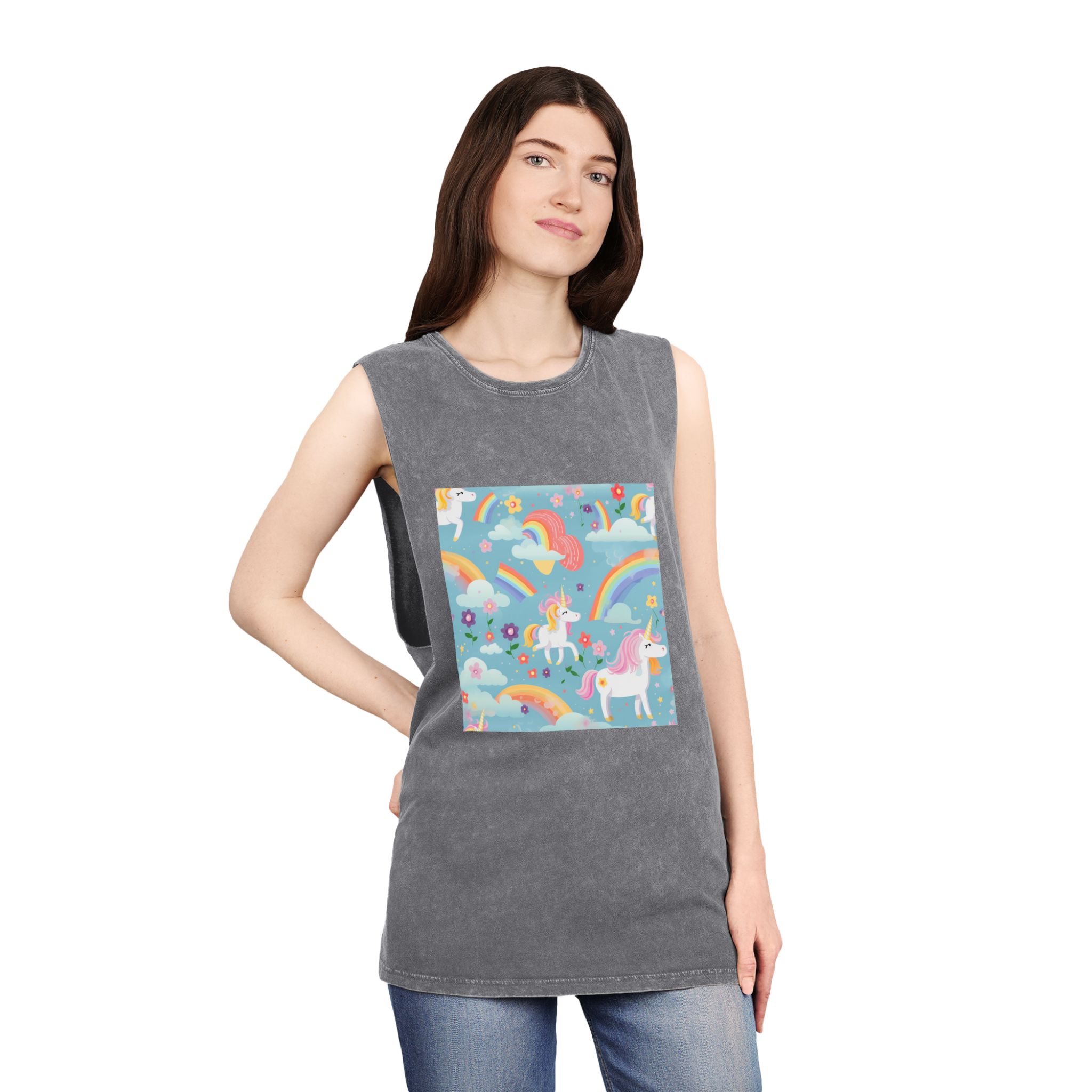 Playful Unicorns Among Flowers Clouds Rainbows Ice Creams Pastel Background (9) Unisex Stonewash Tank Top - Image 12