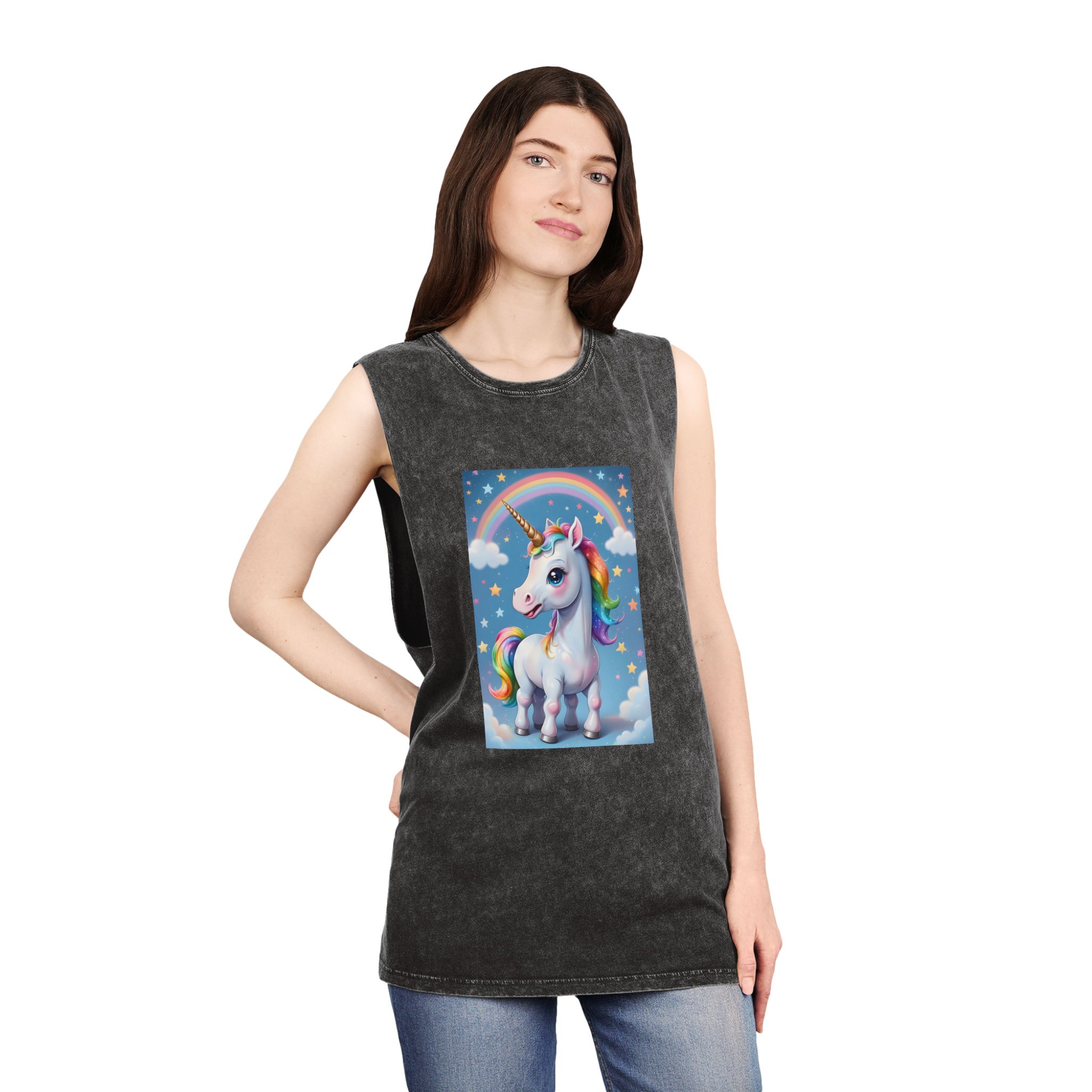 Happy Unicorn Background Sky Rainbow Copy Unisex Stonewash Tank Top - Image 4