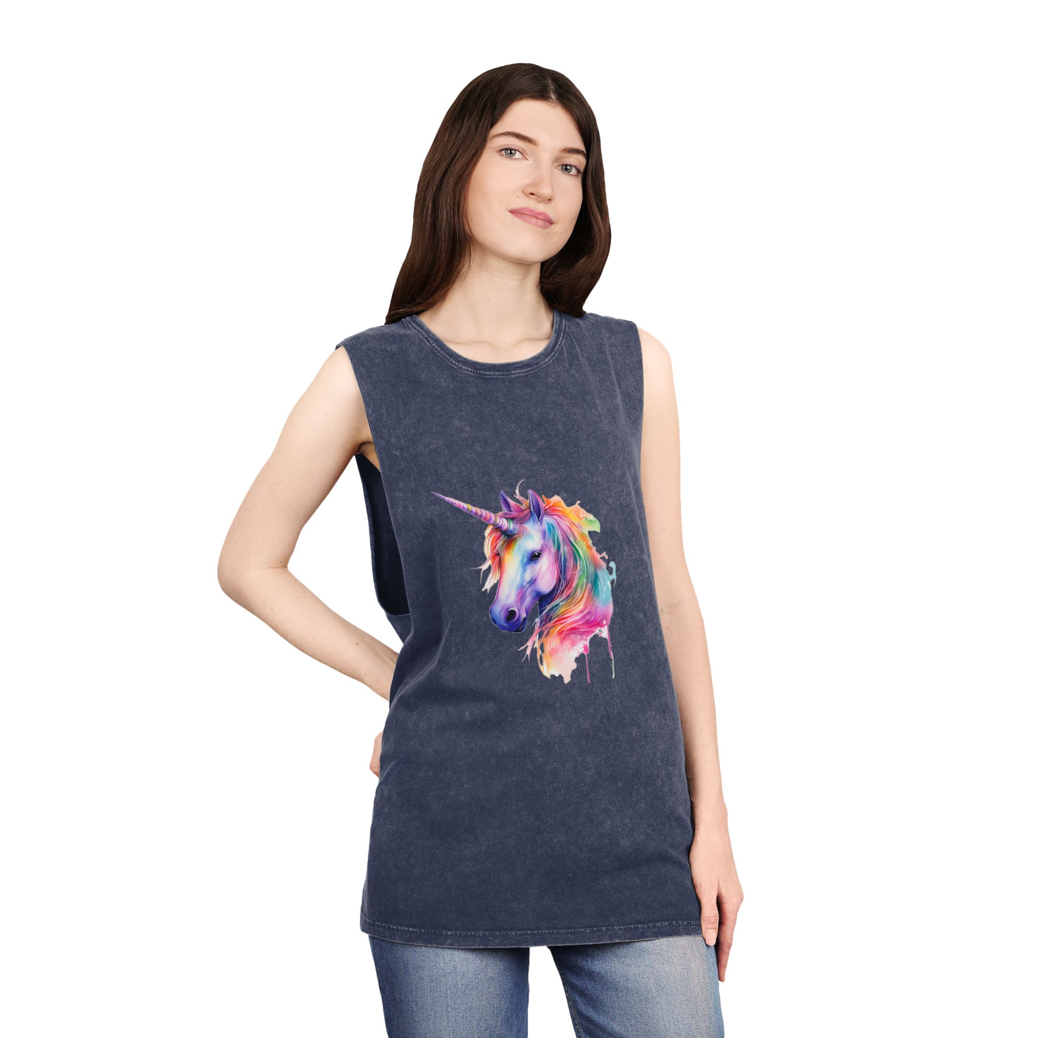 Unicorn Portrait Watercolor Illustration Rainbow Animal Watercolor Character Isolated White Copy Unisex Stonewash Tank Top - Image 16