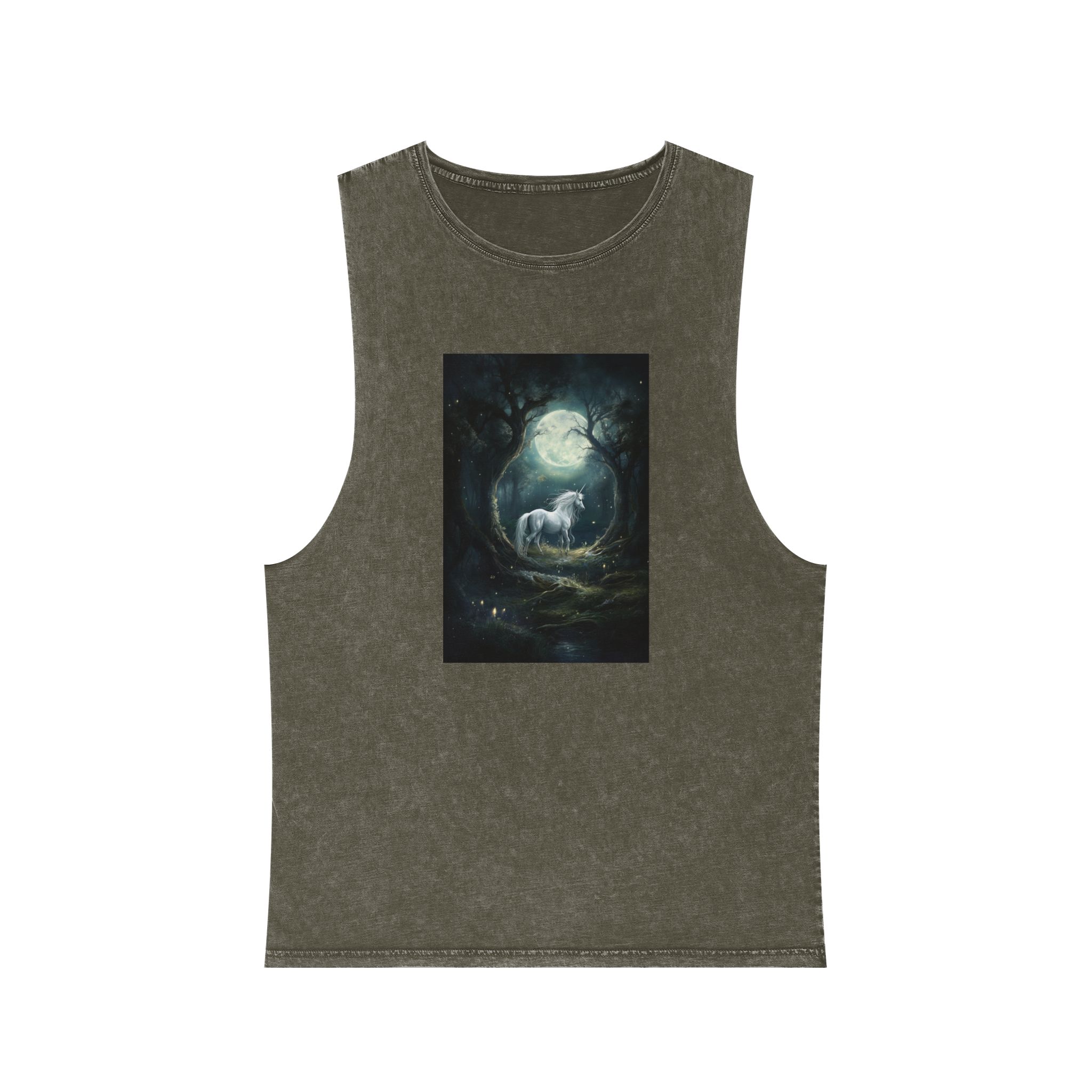 Unicorn Forest With Full Moon Background Unisex Stonewash Tank Top - Image 5