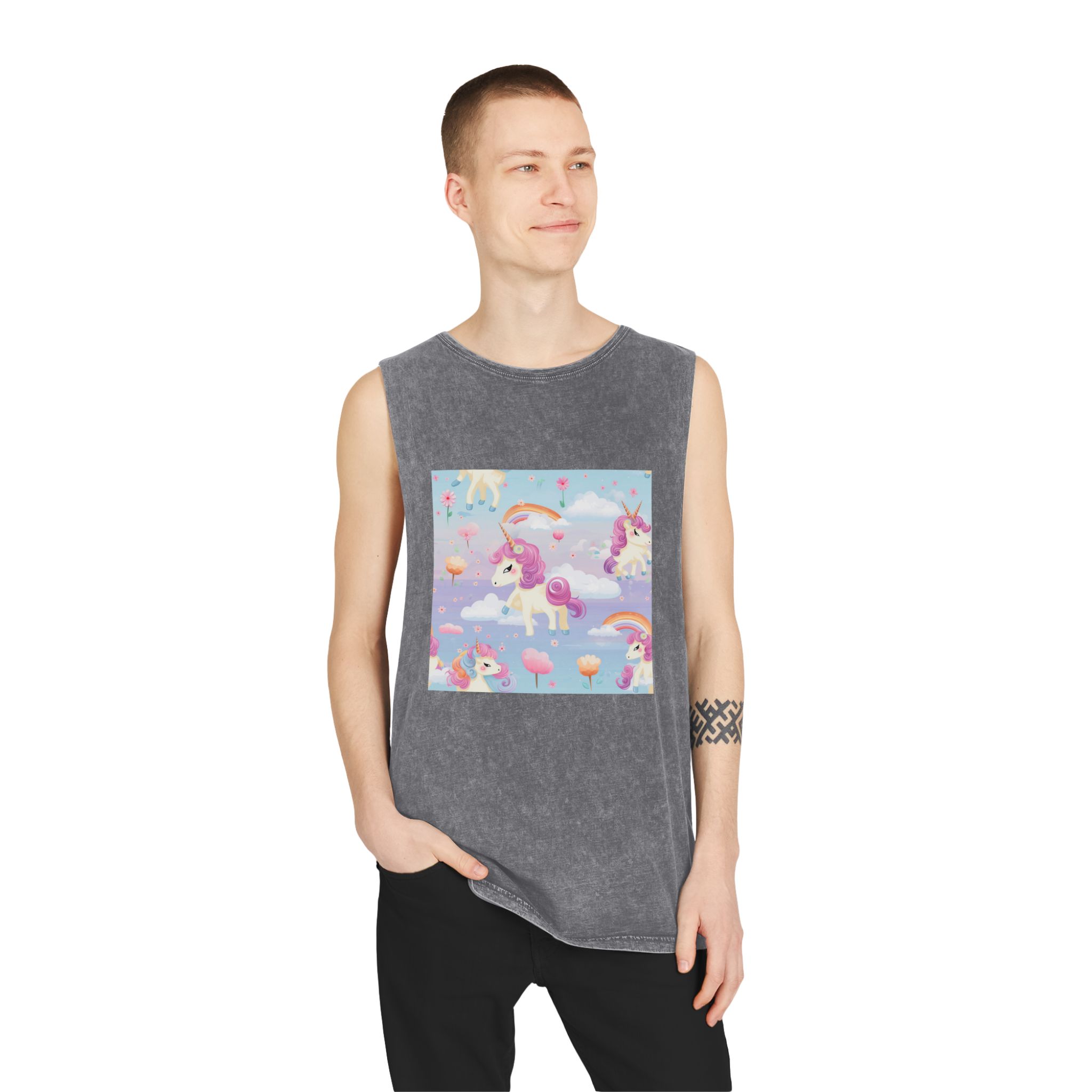 Playful Unicorns Flowers Clouds Rainbows Ice Creams Pastel Background (5) Unisex Stonewash Tank Top - Image 11