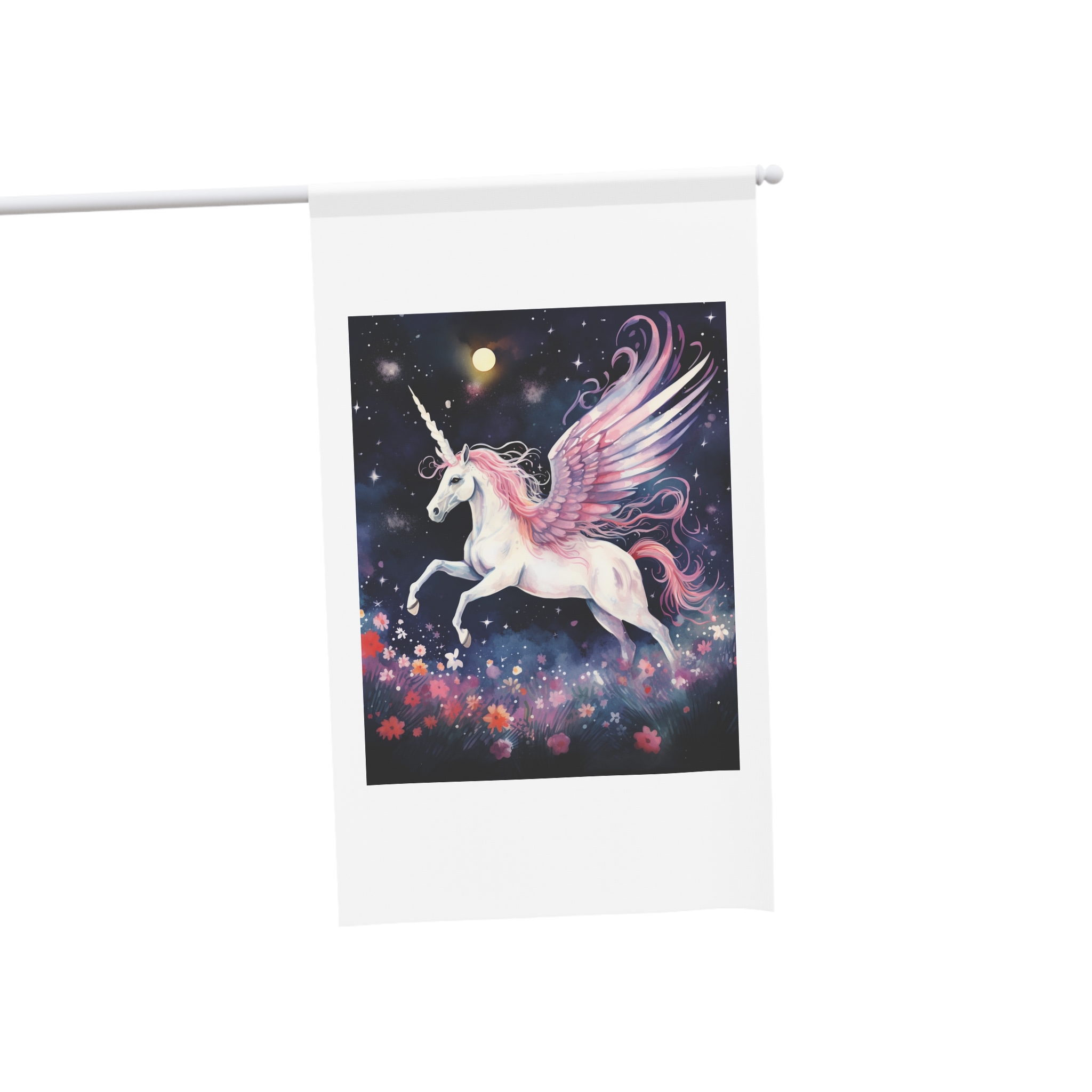 Unicorn With Wings Flying Night Sky With Flowers Generative Ai House Banner - Image 3