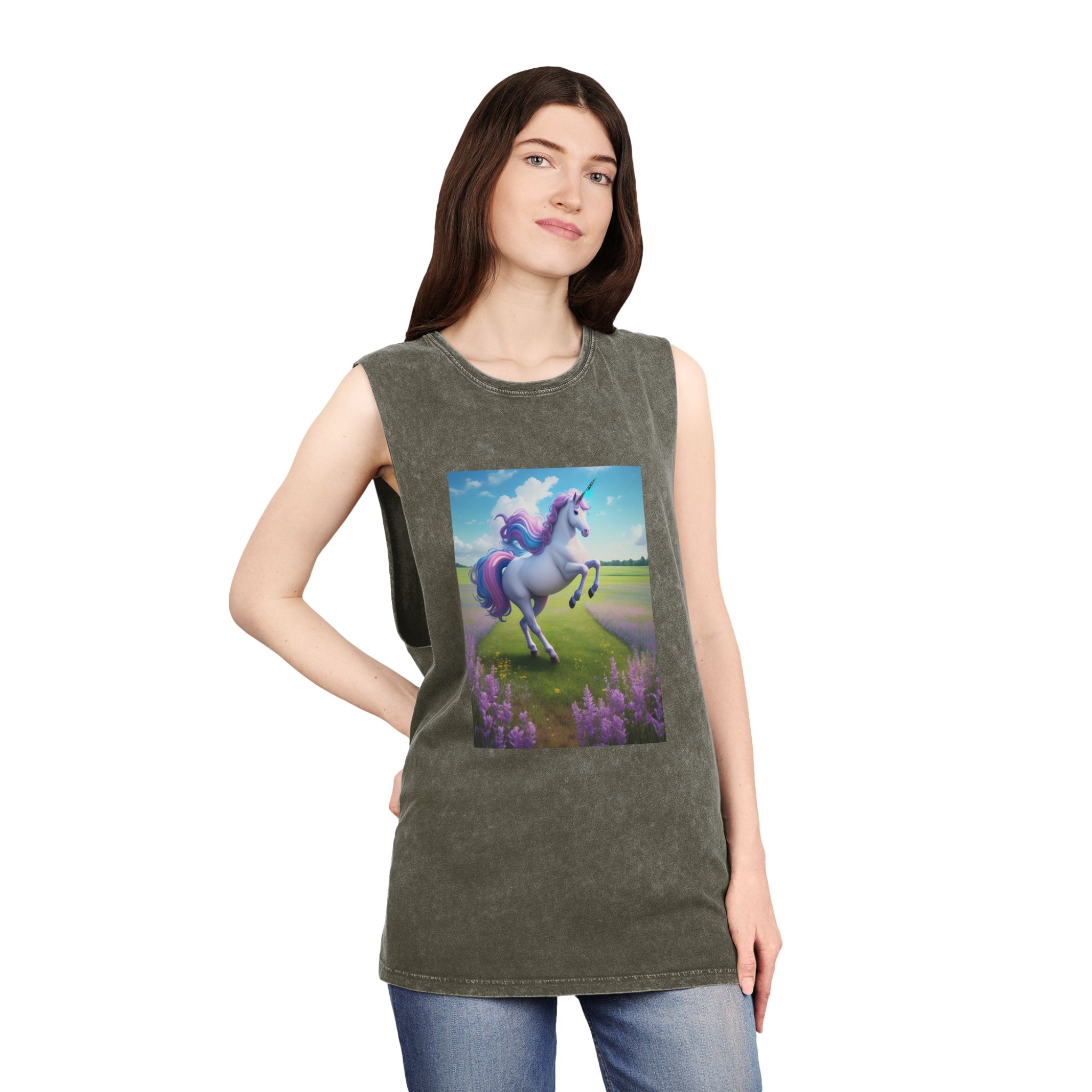 Beautiful Unicorn Running Magical Meadow Unicorn Background Images Whimsical Unicorn (24) Unisex Stonewash Tank Top - Image 8
