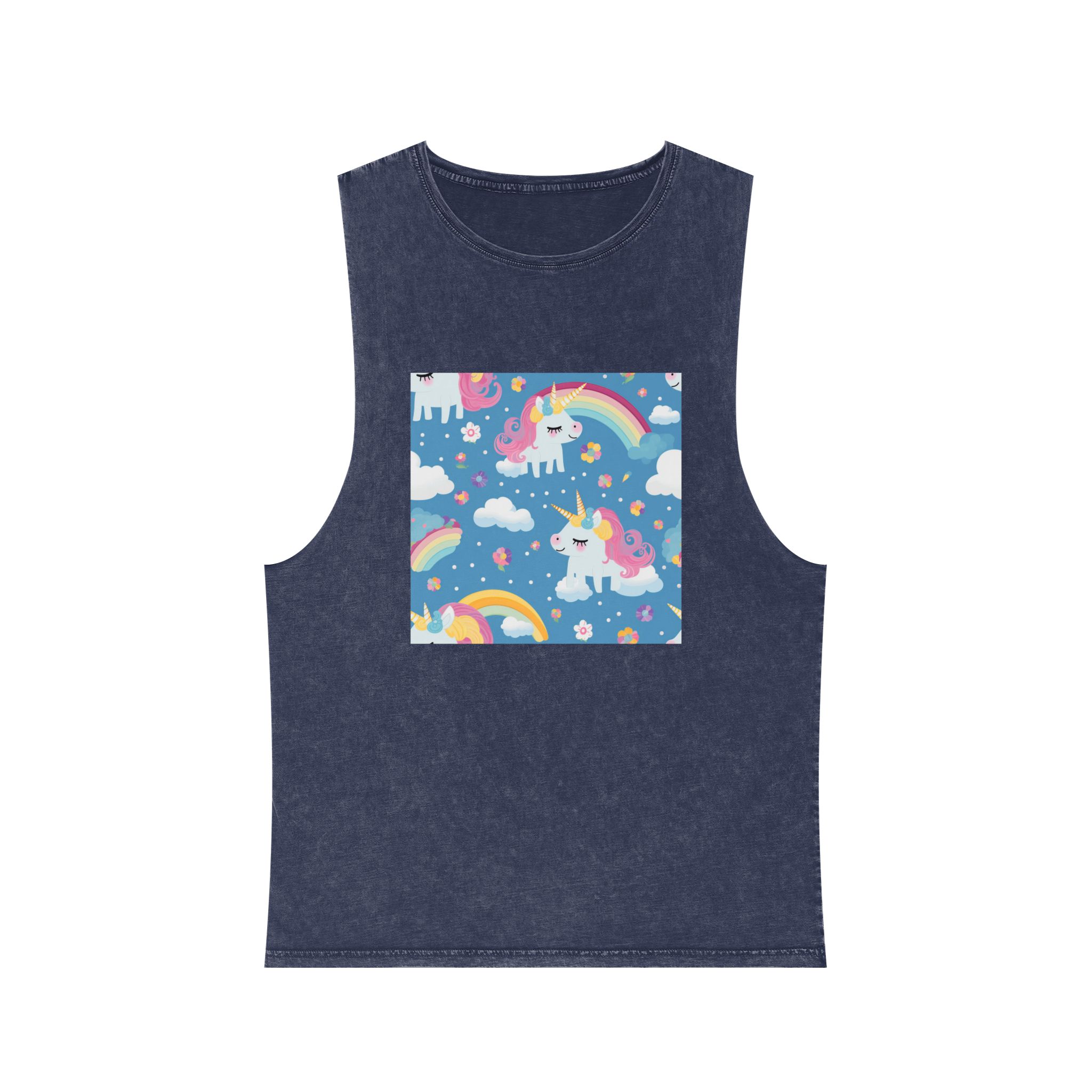 Playful Unicorns Flowers Clouds Rainbows Ice Creams Pastel Background (17) Unisex Stonewash Tank Top - Image 13