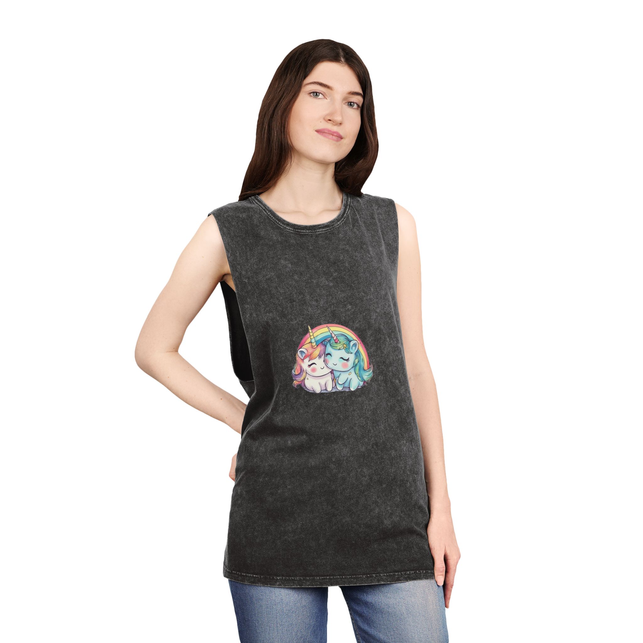 Pair Adorable Light Blue Pink Unicorns Isolated Rainbow Colors Background (1) Unisex Stonewash Tank Top - Image 4