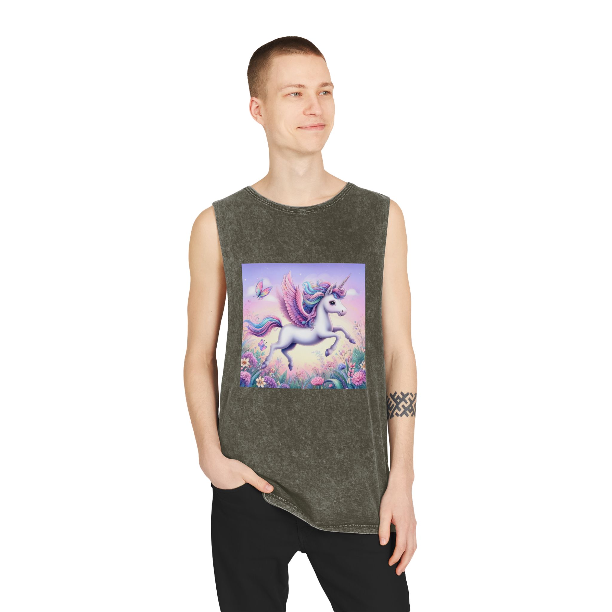 Beautiful Unicorn Running Magical Meadow Unicorn Background Images Whimsical Unicorn (41) Unisex Stonewash Tank Top - Image 7