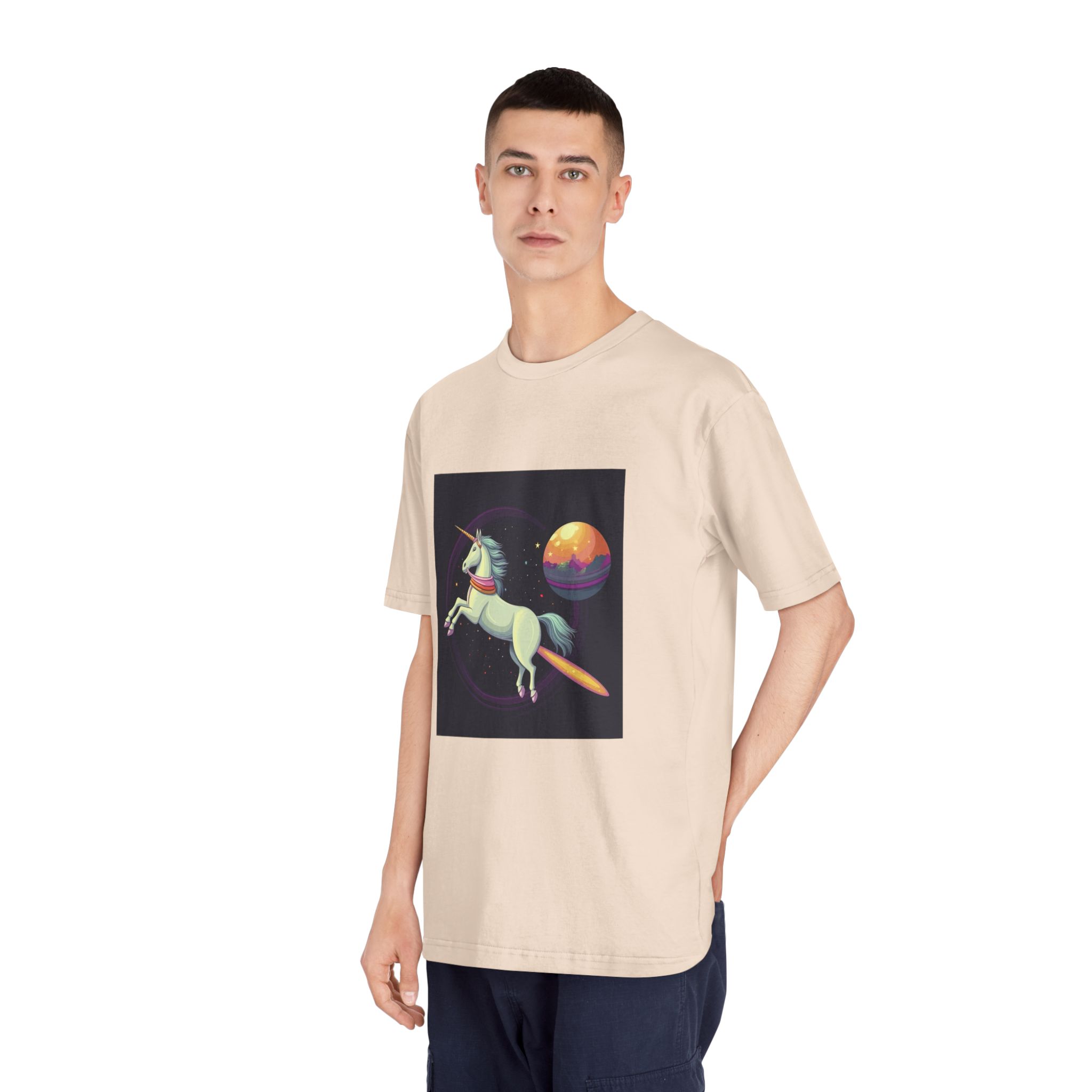Unicorn With Long Tail Is Flying Through Circle With Moon Stars Unisex Classic Crewneck T Shirt - Image 12