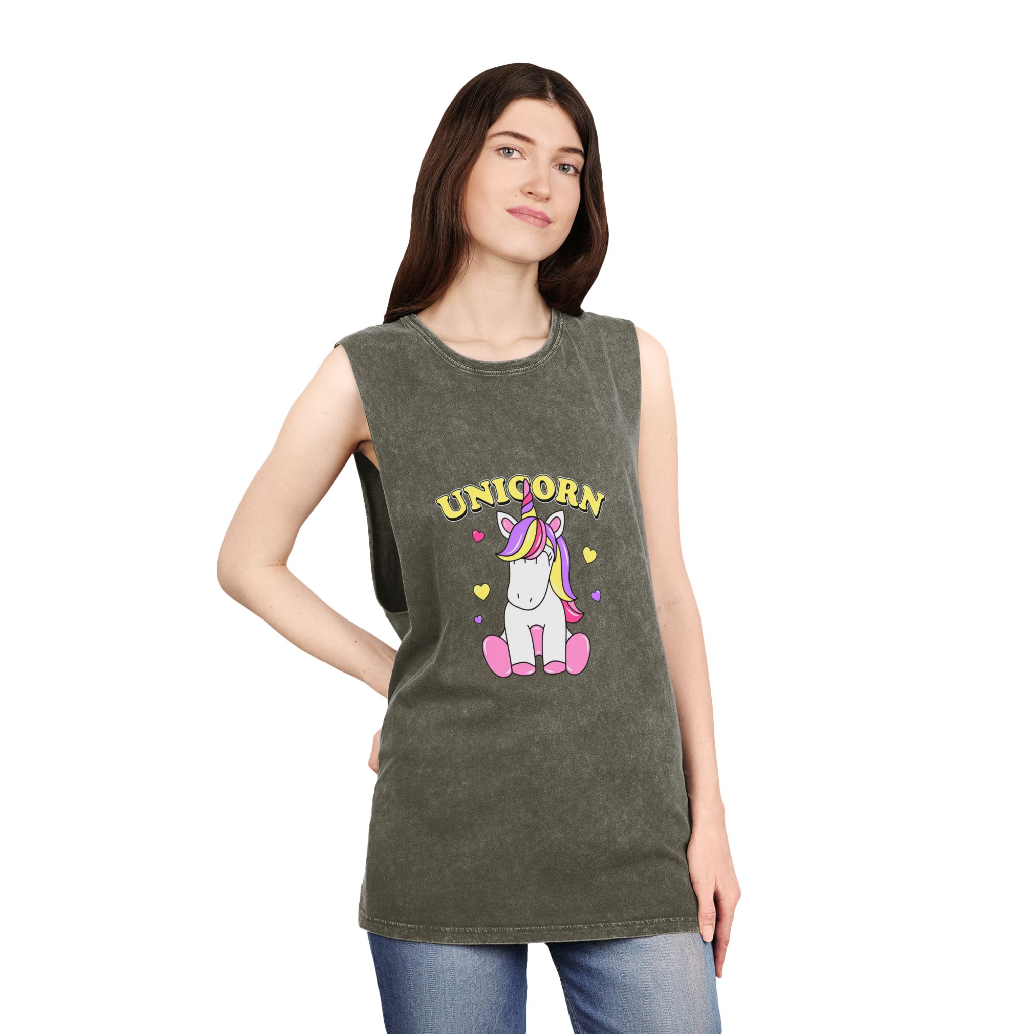 Cute Unicorn With Colorful Hair Hearts Unisex Stonewash Tank Top - Image 8
