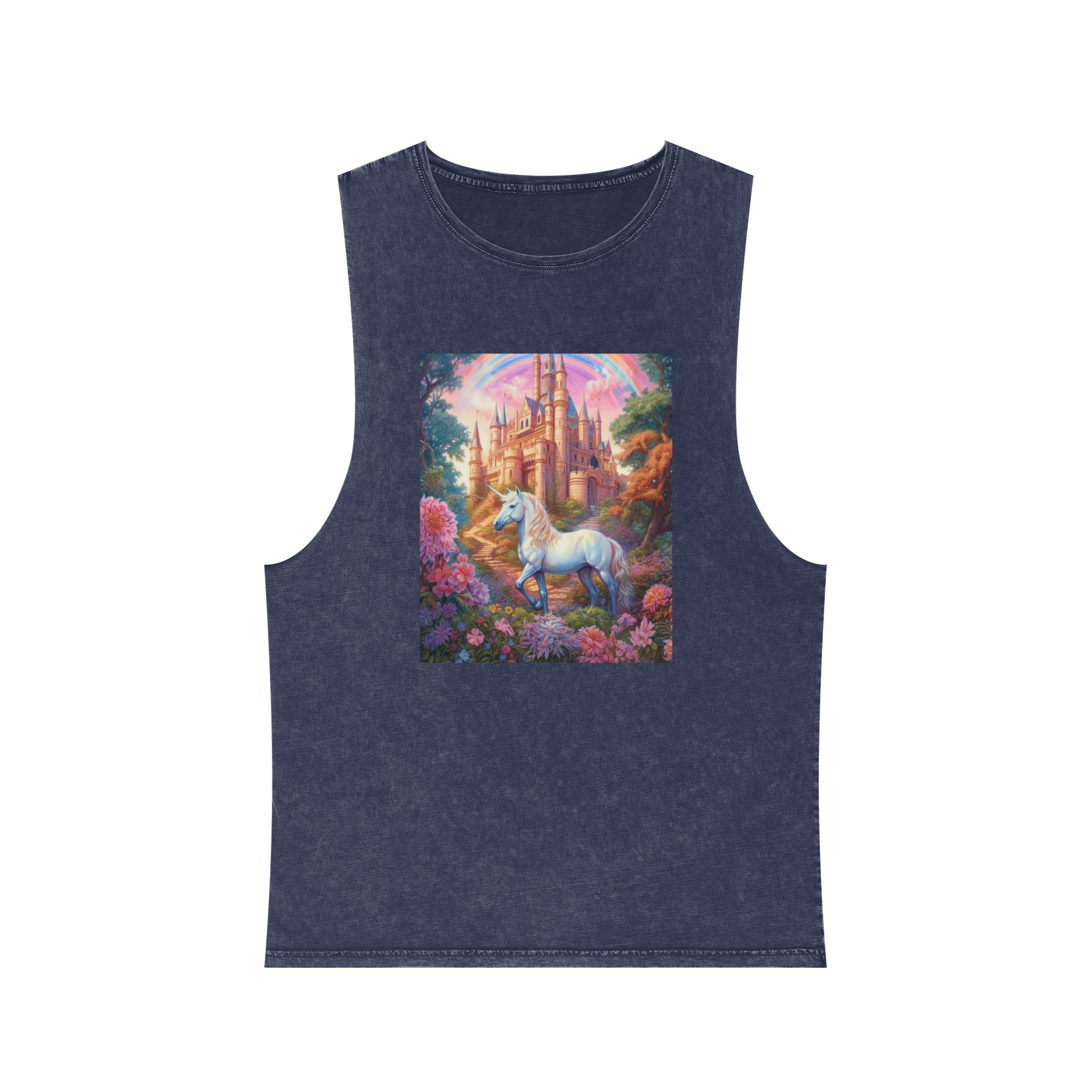 Painting Unicorn Front Castle With Rainbow Generative Ai Unisex Stonewash Tank Top - Image 13