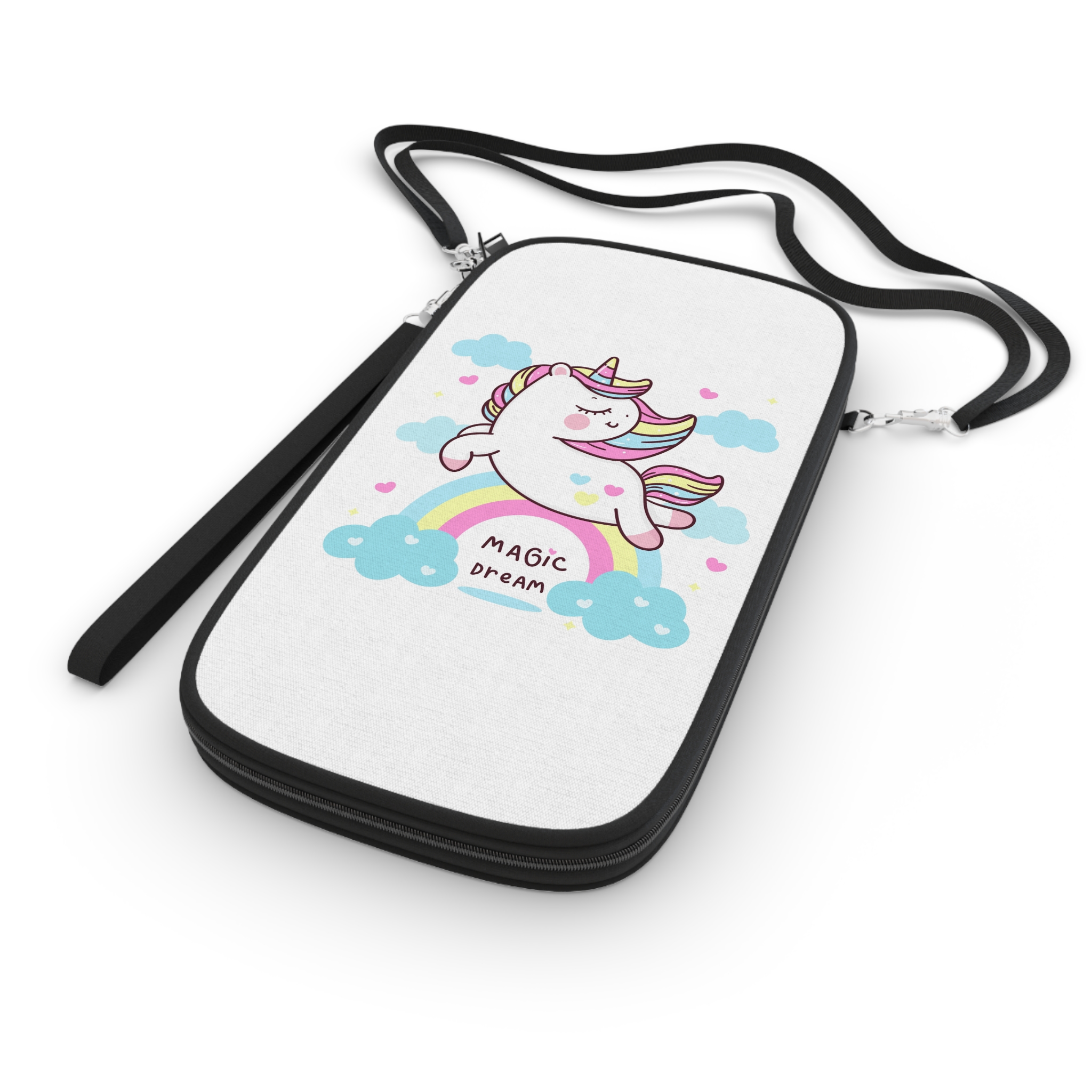 Cute Unicorn Pegasus Vector Fly On Sky With Rainbow Sweet Heart and Cloud Pony Cartoon Pastel Background Valentines Day Passport Wallet - Image 3