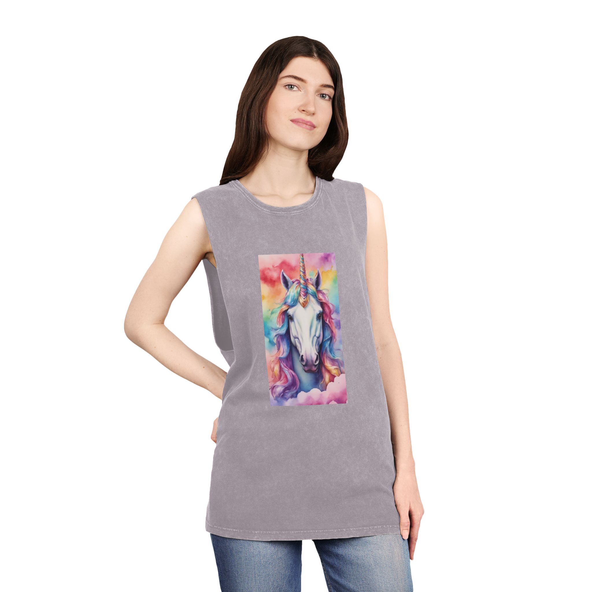 Rainbow Pastel Unicorn Candy Watercolor Background Social Media Template Etc Unisex Stonewash Tank Top - Image 20