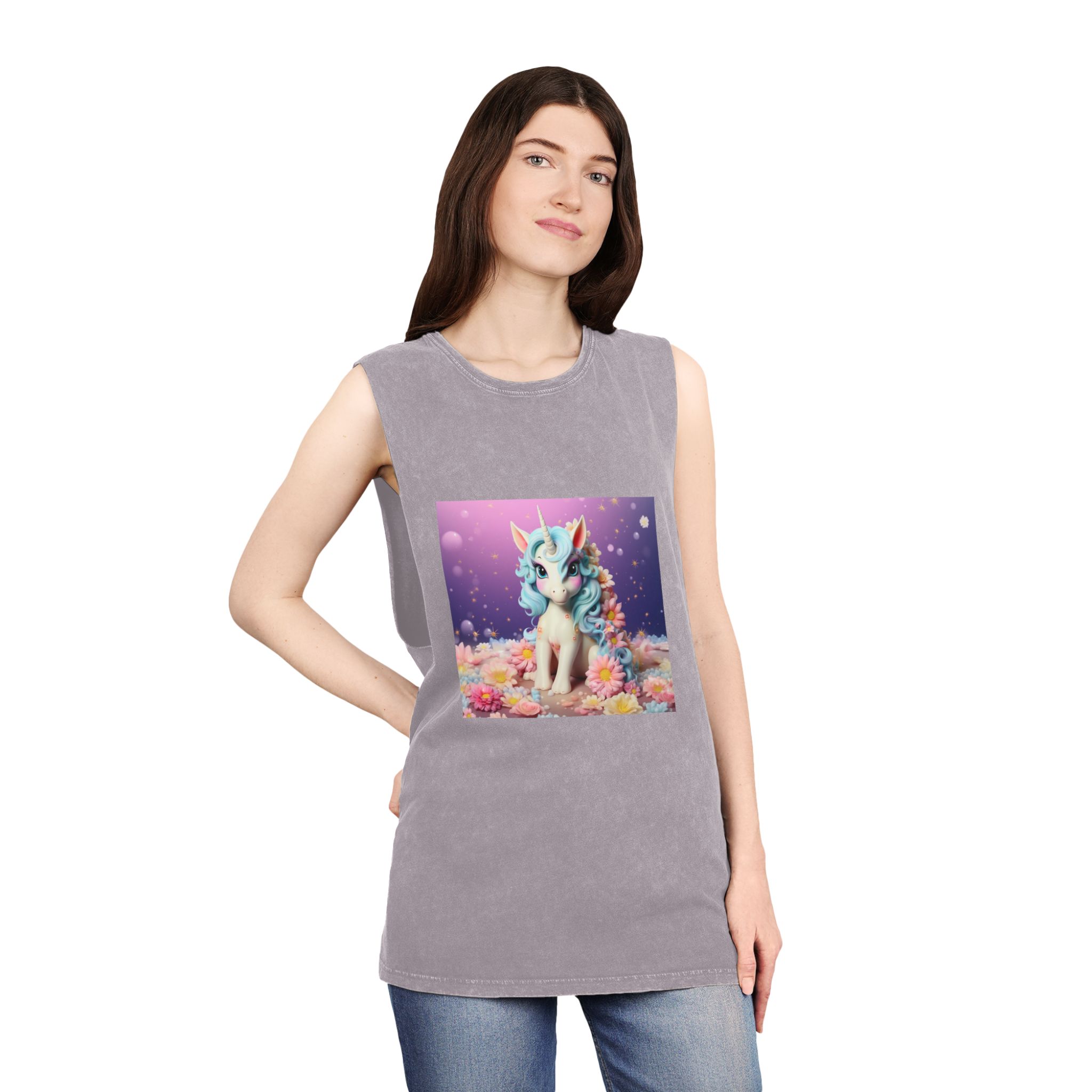 There Is White Unicorn With Blue Hair Flowers Table Generative Ai Unisex Stonewash Tank Top - Image 20