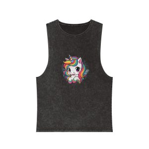 Cartoon Image Unicorn With Rainbow Its Tail Unisex Stonewash Tank Top