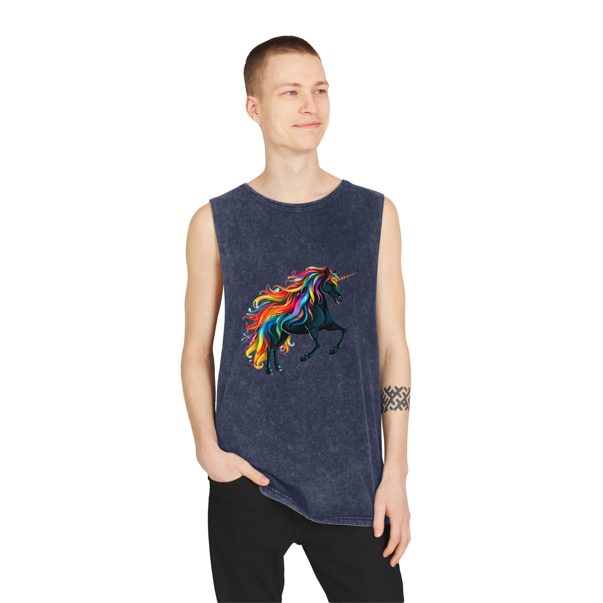 Close Up Black Unicorn With Rainbow Mane Generative Ai Unisex Stonewash Tank Top - Image 15