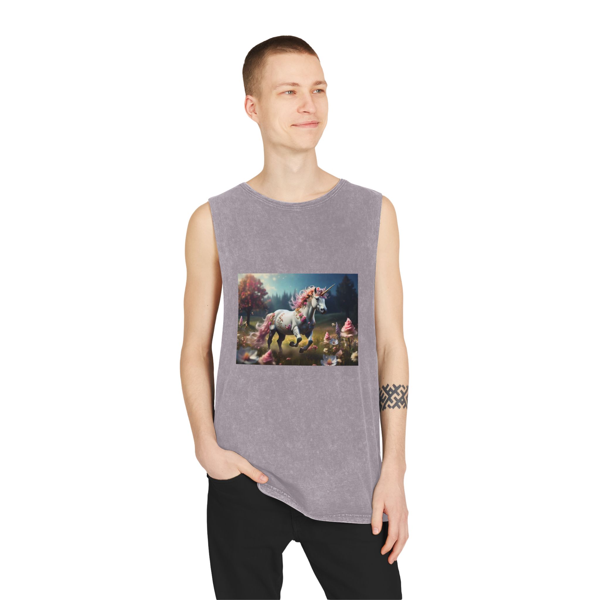 Beautiful Unicorn Running Magical Meadow Unicorn Background Images Whimsical Unicorn (27) Unisex Stonewash Tank Top - Image 19