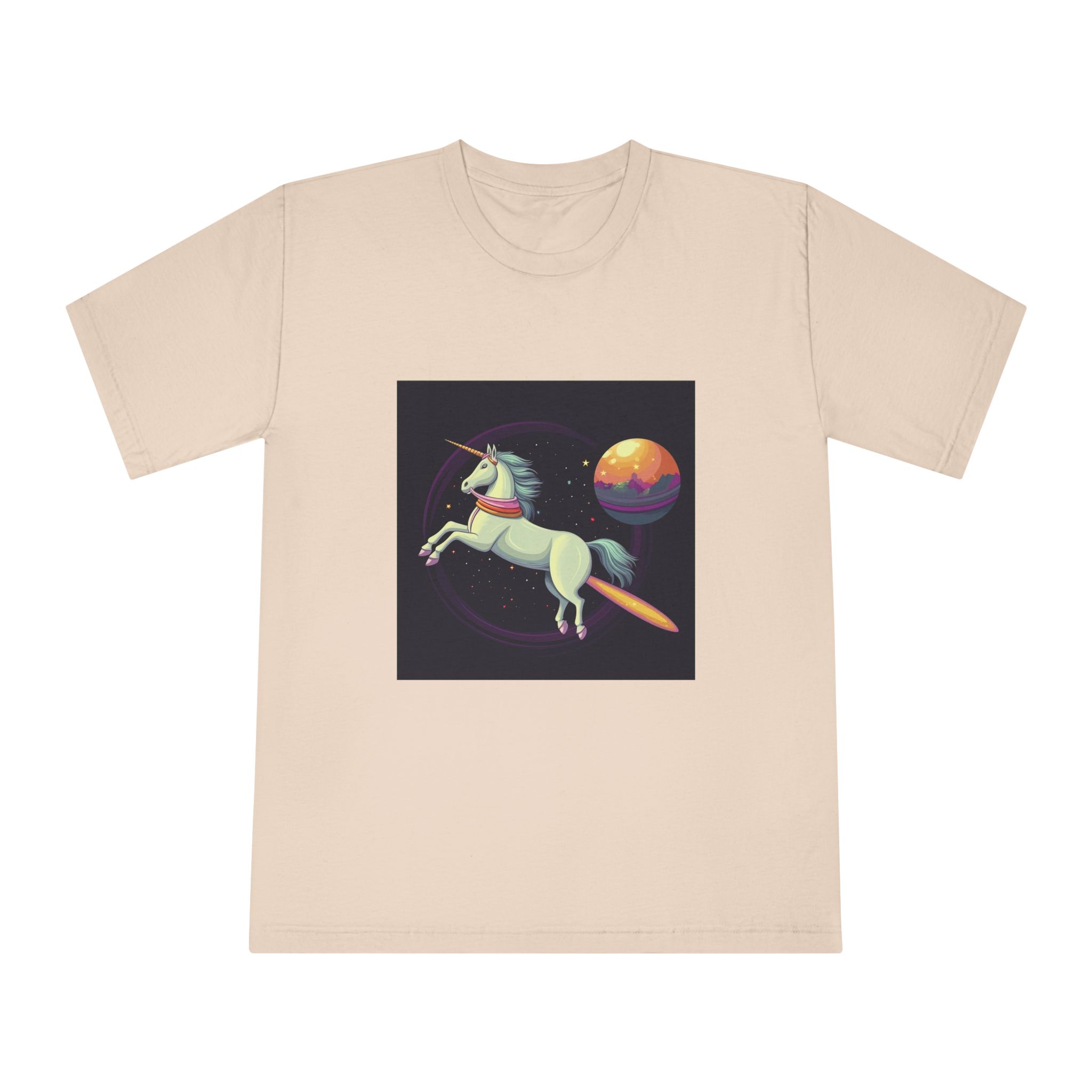 Unicorn With Long Tail Is Flying Through Circle With Moon Stars Unisex Classic Crewneck T Shirt - Image 9