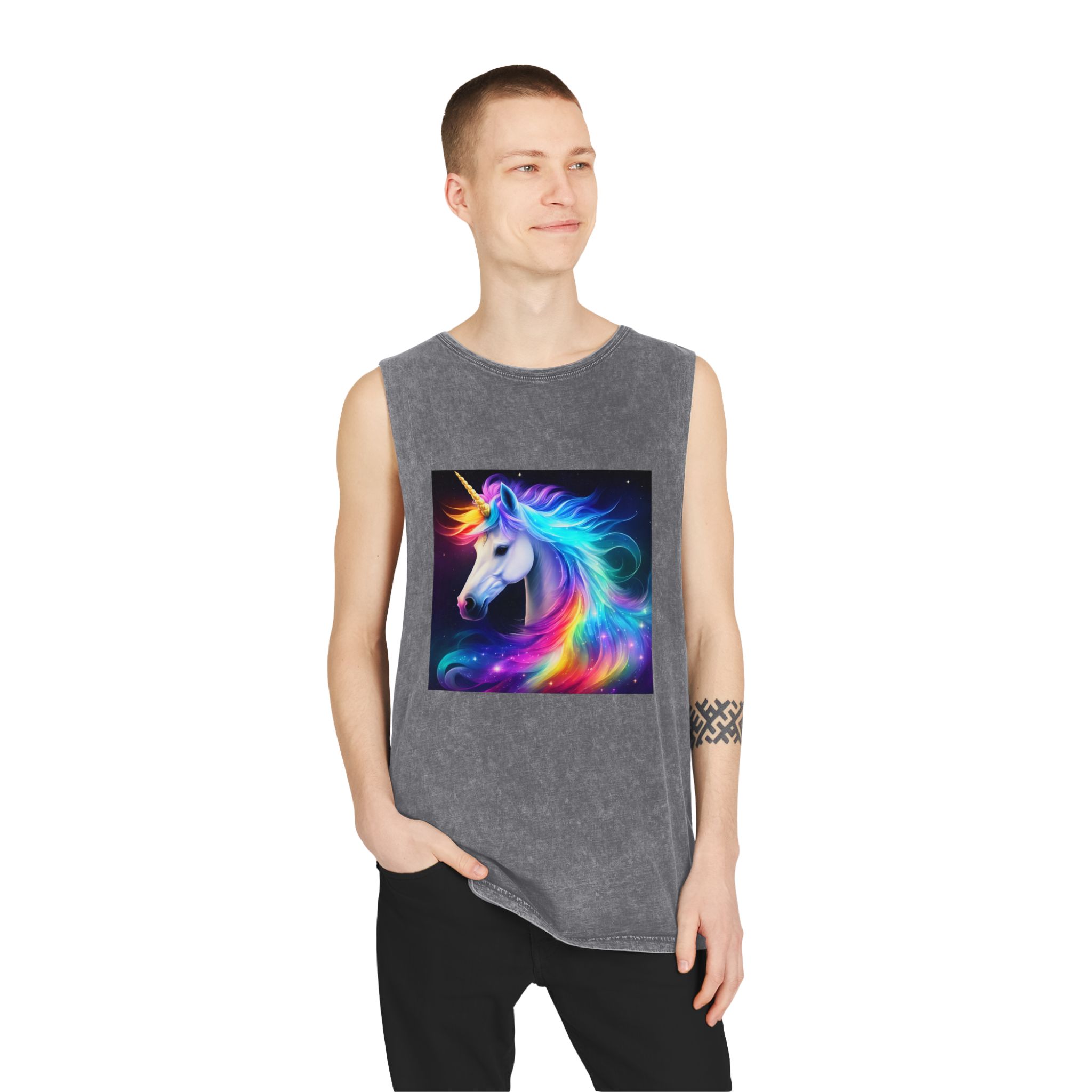 Portrait Unicorn Isolated Stars Background Generative Artificial Intelligence Unisex Stonewash Tank Top - Image 11