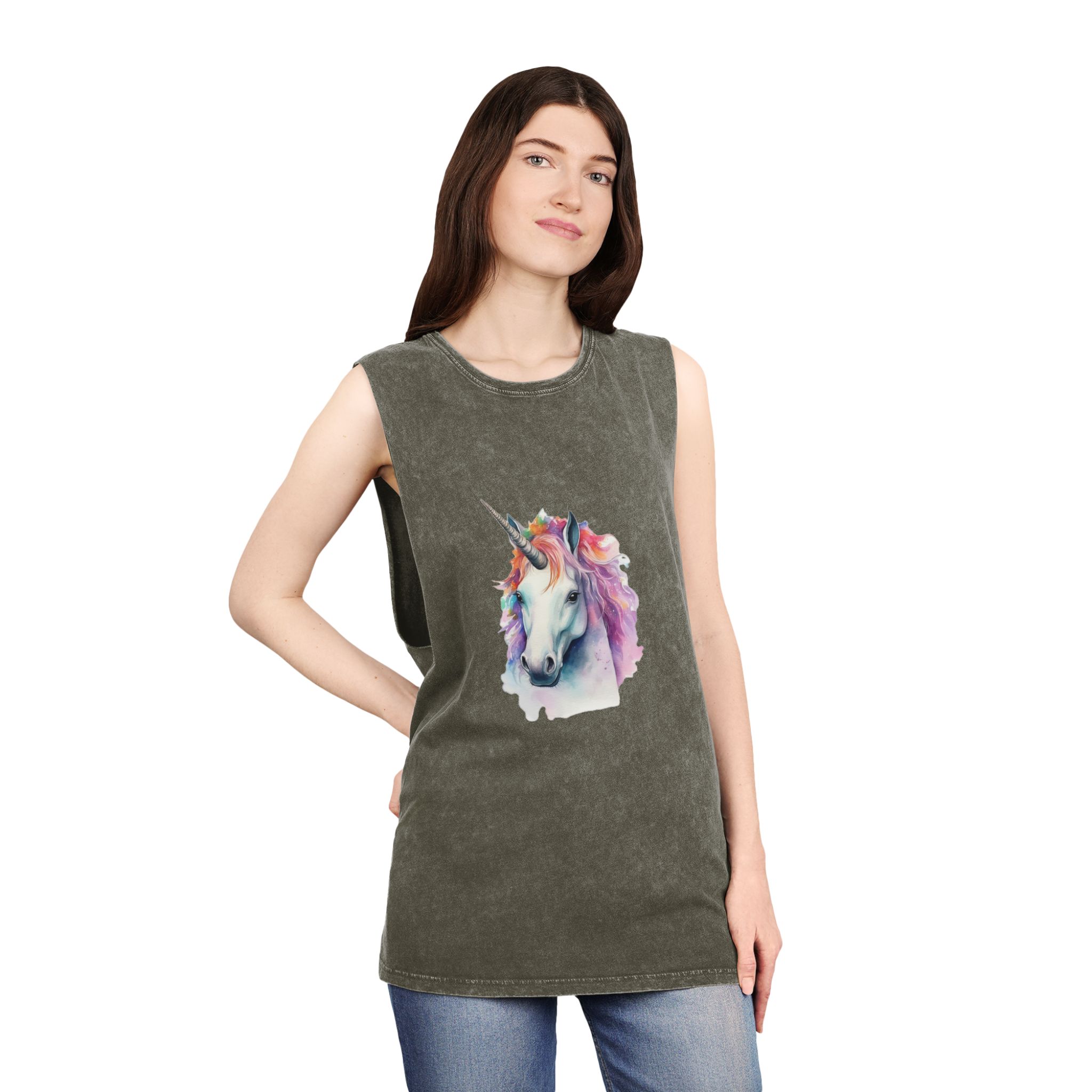 Painting Unicorn With Colorful Mane Long Mane Generative Ai (3) Unisex Stonewash Tank Top - Image 8