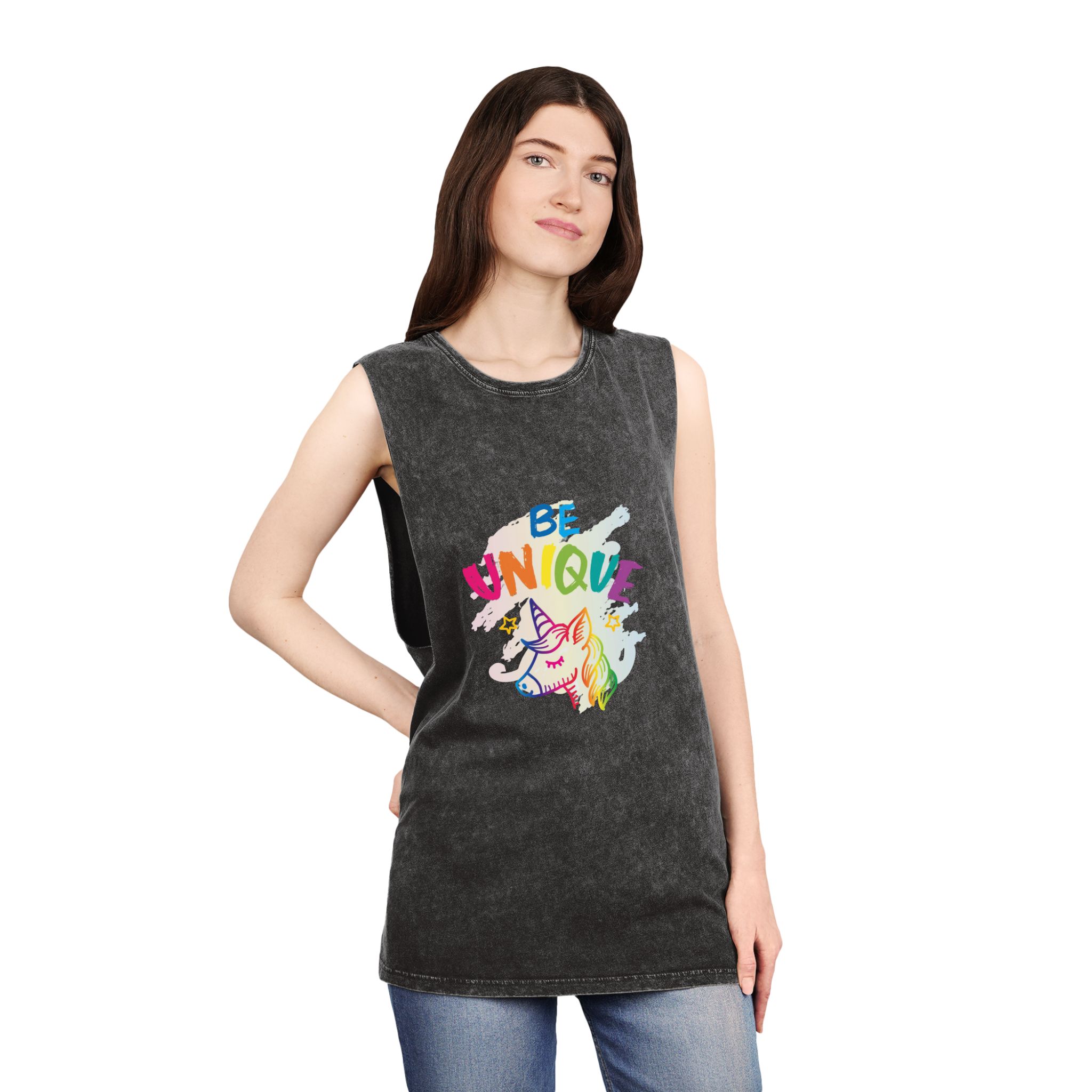 Colorful Unicorn With Words Be Unique It Unisex Stonewash Tank Top - Image 4