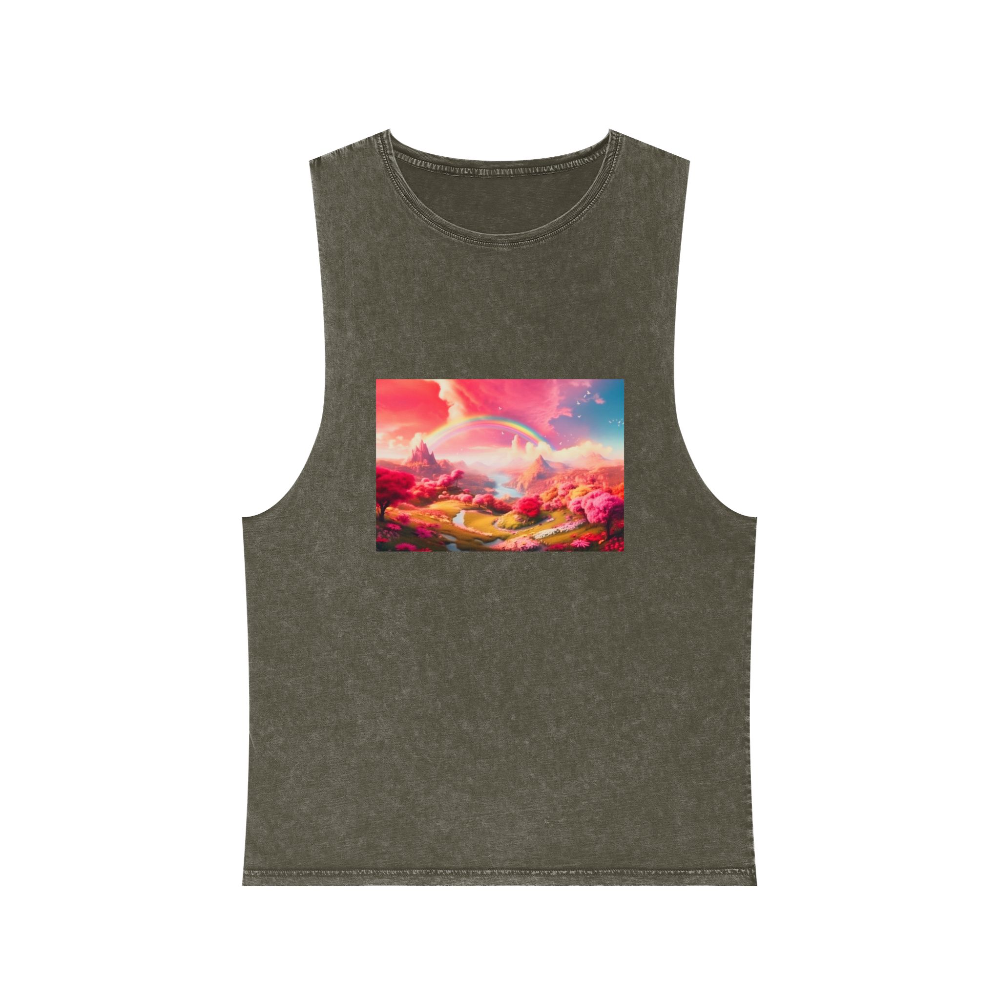 Pink Spring Garden Fairy Land Background Clouds With Rainbow Animation Unisex Stonewash Tank Top - Image 5