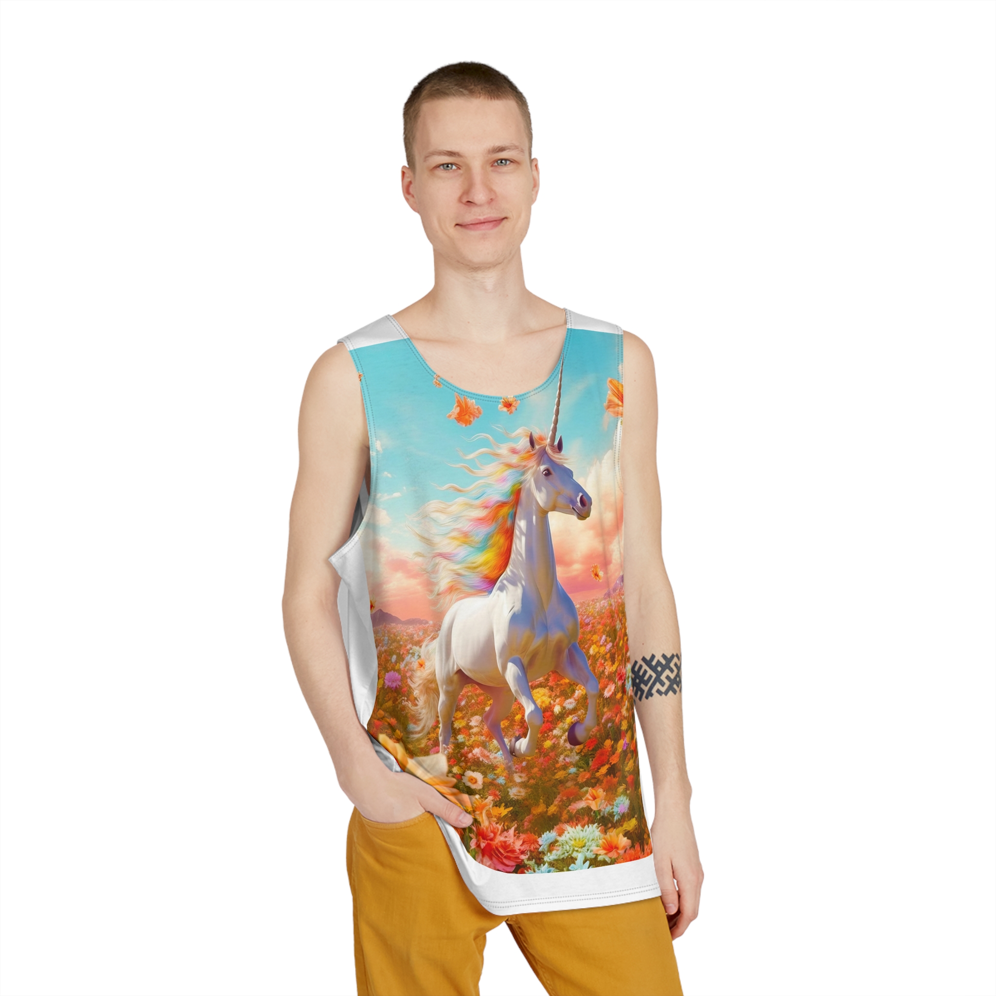 Image White Unicorn Running Through Field Wildflowers Generative Ai Mens Tank Aop - Image 3